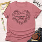 Heather dusty rose t-shirt with "Woodworker At Heart" text and woodworking tools in a heart shape.