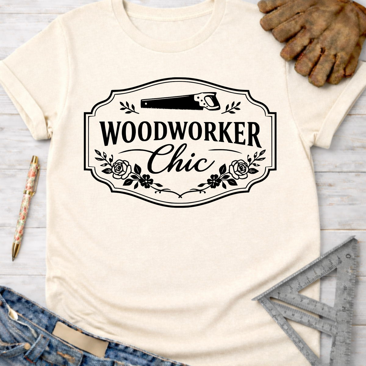 Women's funny woodworking graphic tee shirt for female woodworkers, makers, and DIY builders — Sawdust & Ponytails. Cream t-shirt with "Woodworker Chic" graphic, saw, and floral accents.