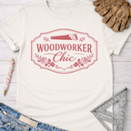 Women's funny woodworking graphic tee shirt for female woodworkers, makers, and DIY builders — Sawdust & Ponytails. Cream t-shirt with "Woodworker Chic" graphic.