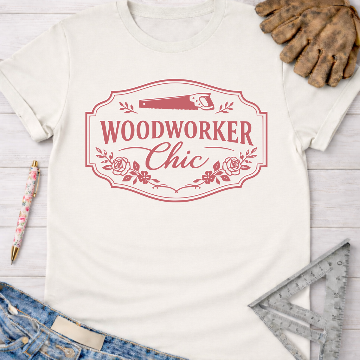 Women's funny woodworking graphic tee shirt for female woodworkers, makers, and DIY builders — Sawdust & Ponytails. Cream t-shirt with "Woodworker Chic" graphic.
