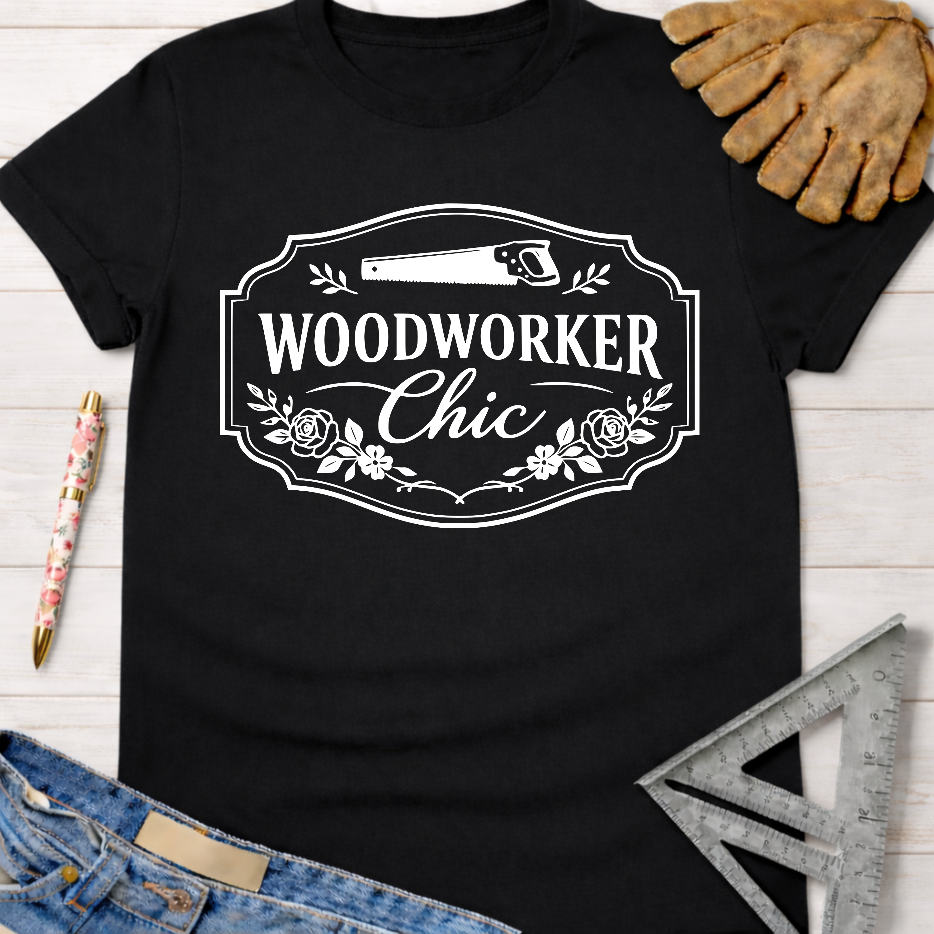 Black cotton "Woodworker Chic" graphic tee with saw and floral design. Women's funny woodworking graphic tee shirt for female woodworkers, makers, and DIY builders — Sawdust & Ponytails