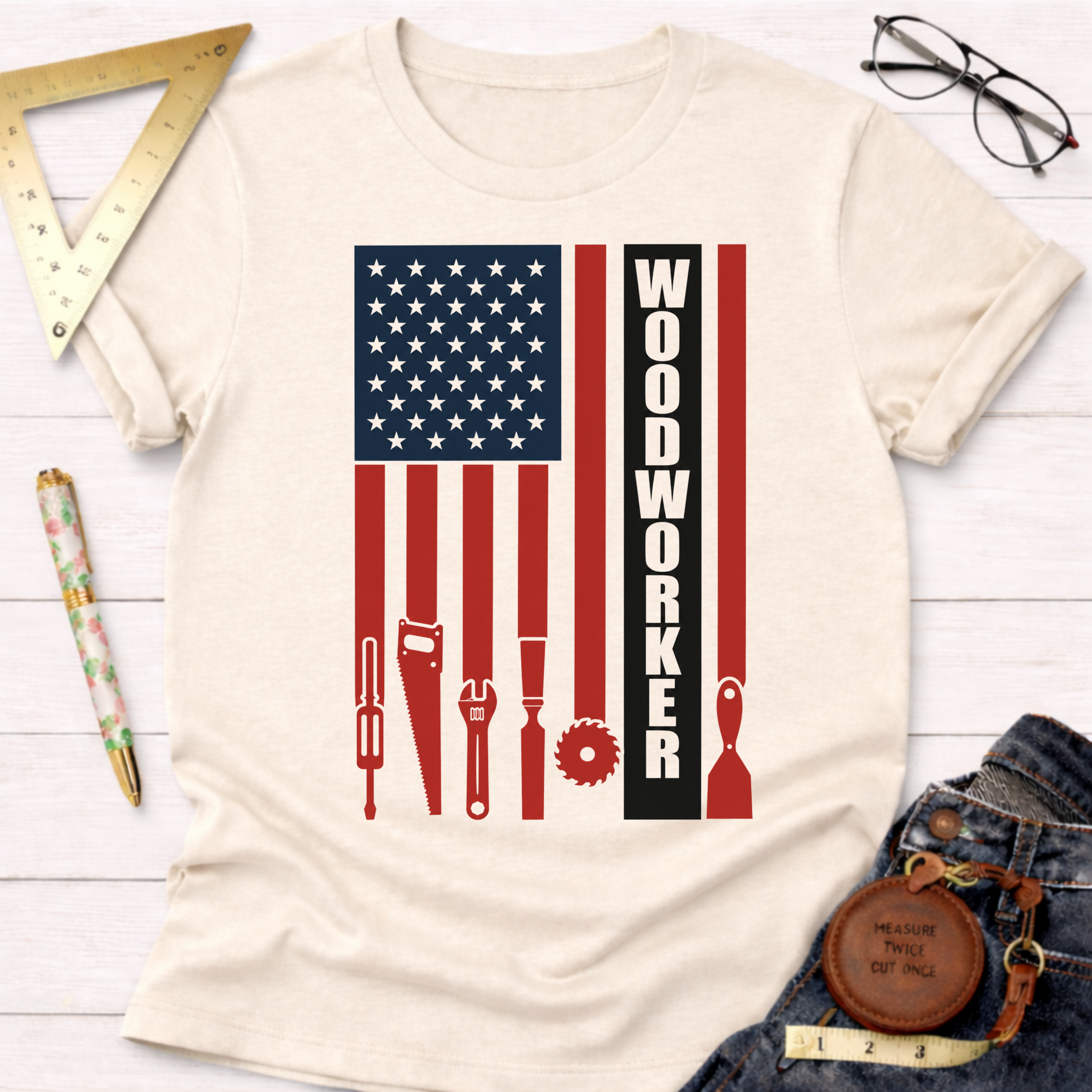 Cream Woodworker Flag T-shirt with American flag design featuring woodworking tools and "WOODWORKER" text.