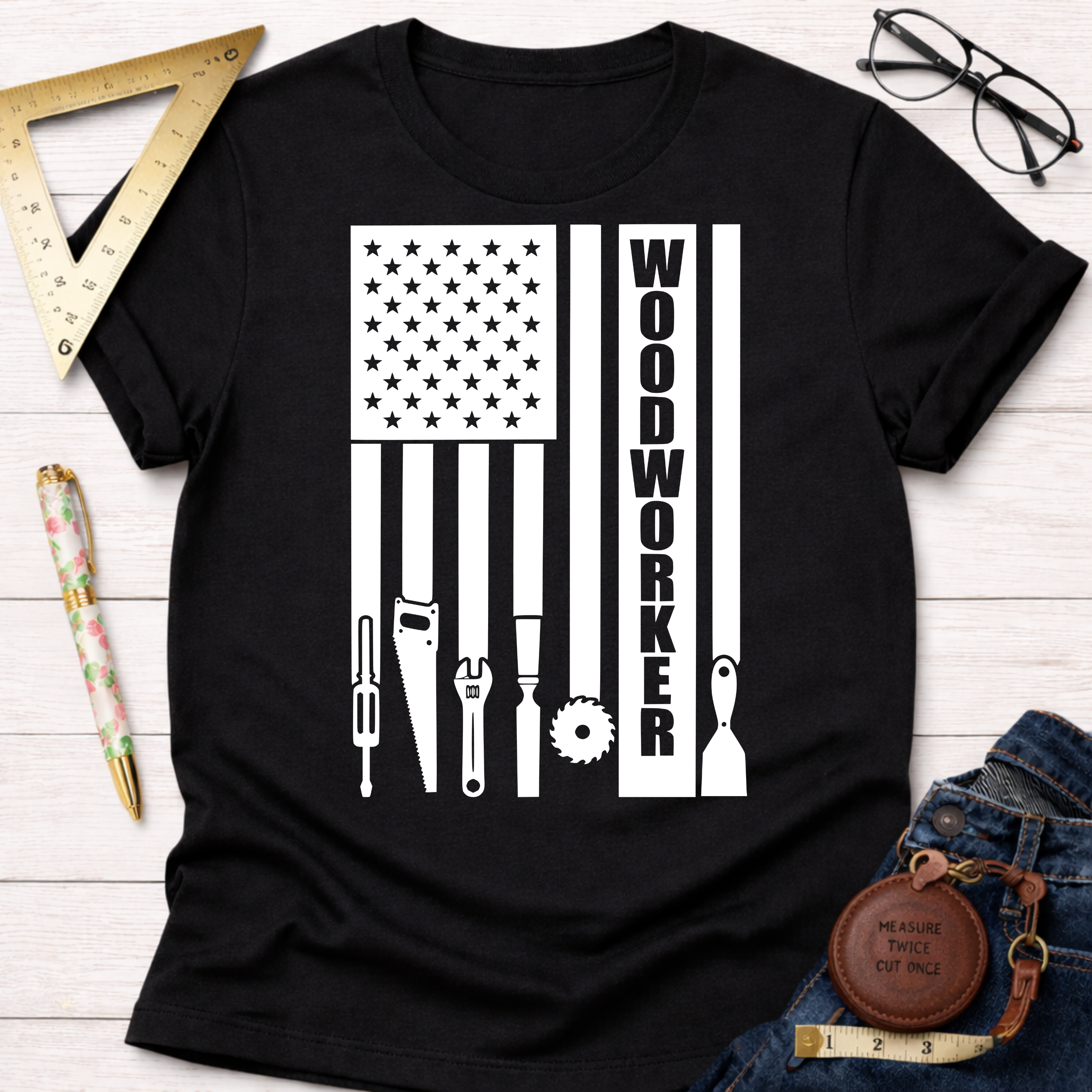 Black cotton Woodworker Flag T-shirt with white woodworking tools forming the flag design.