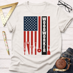 White cotton Woodworker Flag T-shirt with red and blue American flag design featuring woodworking tools.