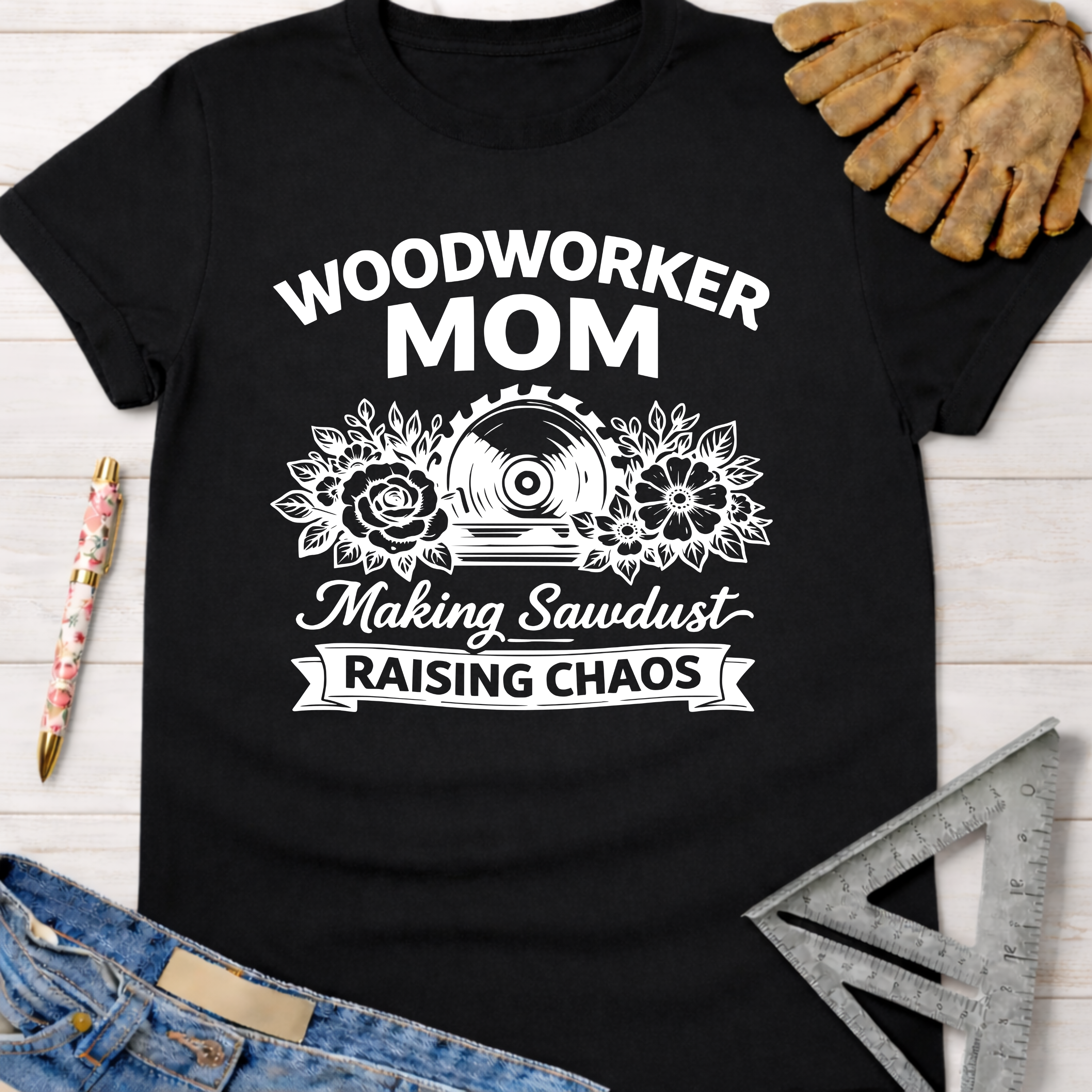 Black cotton "Woodworker Mom: Making Sawdust, Raising Chaos" graphic tee with floral saw blade design. Women's funny woodworking graphic tee shirt for female woodworkers, makers, and DIY builders — Sawdust & Ponytails