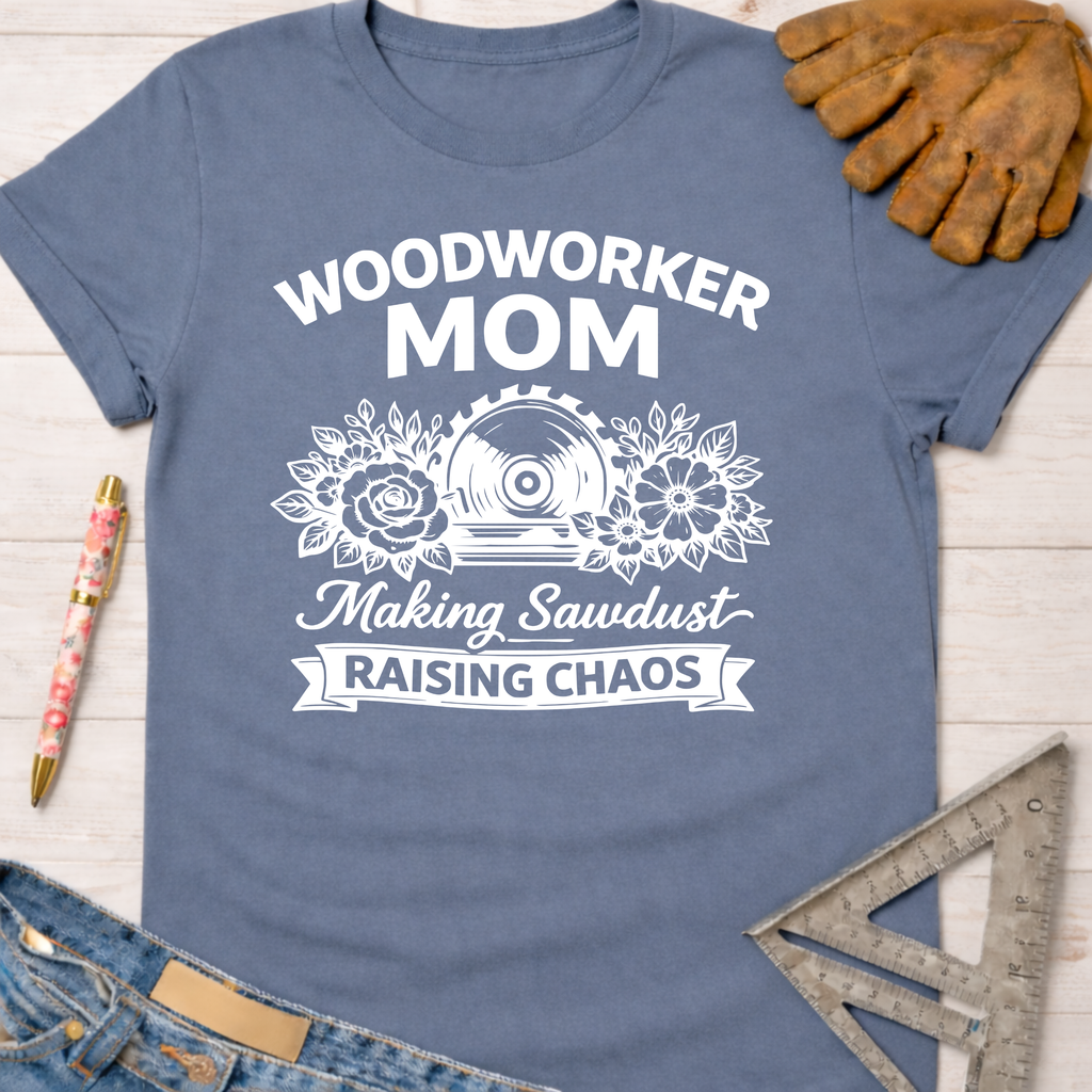 Women's funny woodworking graphic tee shirt for female woodworkers, makers, and DIY builders — Sawdust & Ponytails.