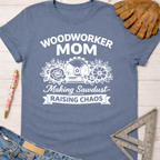 Women's funny woodworking graphic tee shirt for female woodworkers, makers, and DIY builders — Sawdust & Ponytails.