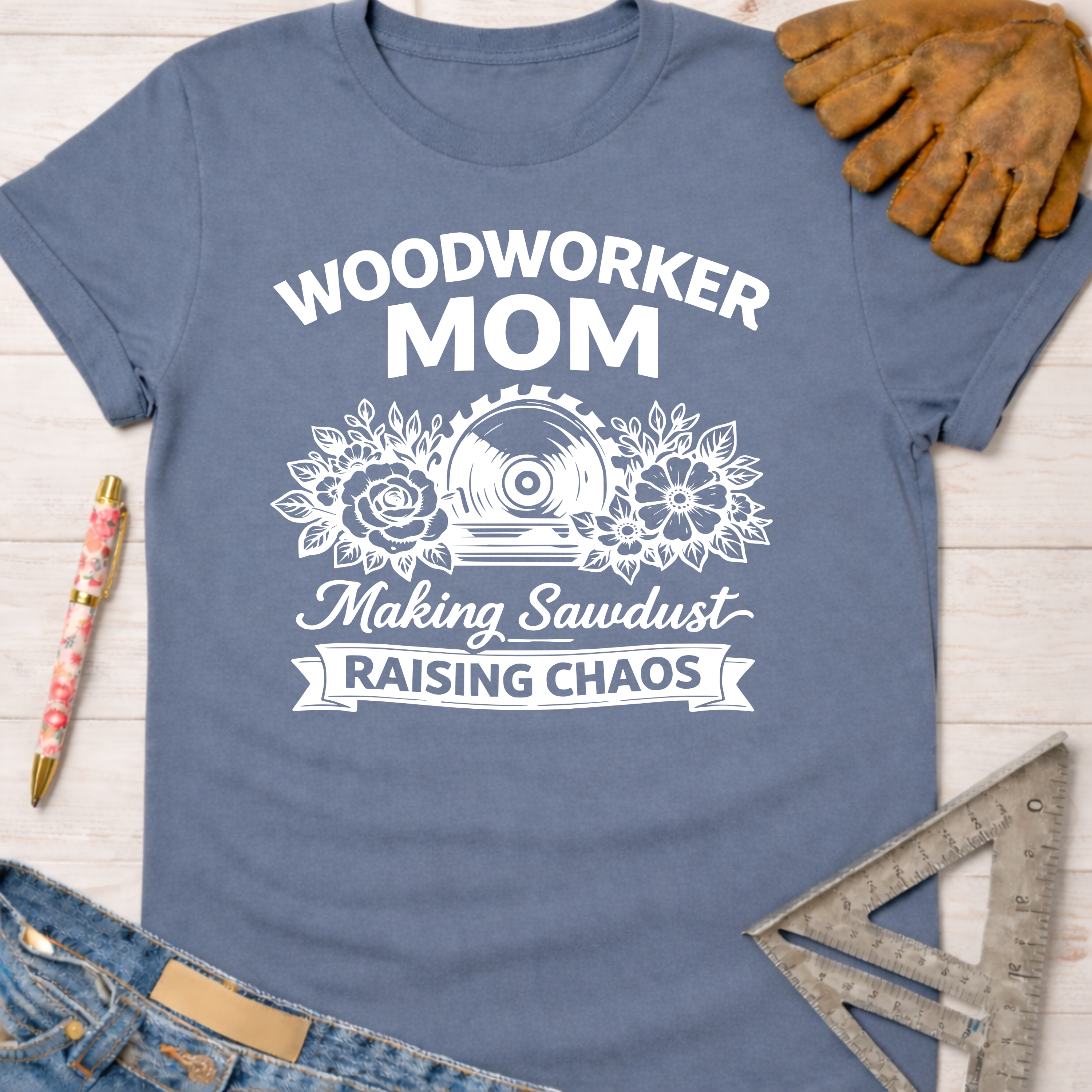 Women's funny woodworking graphic tee shirt for female woodworkers, makers, and DIY builders — Sawdust & Ponytails.