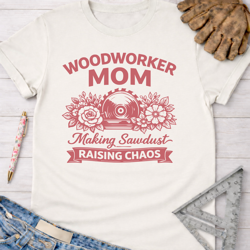 Women's funny woodworking graphic tee shirt for female woodworkers, makers, and DIY builders — Sawdust & Ponytails. White cotton tee with "Woodworker Mom Making Sawdust Raising Chaos" in pink.