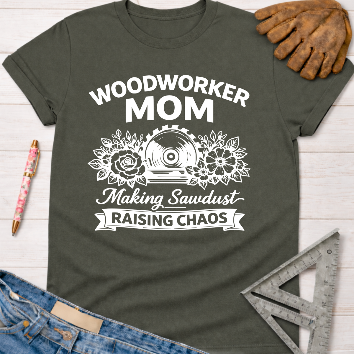 Dark gray "Woodworker Mom: Making Sawdust, Raising Chaos" graphic tee with a saw blade and flowers. Women's funny woodworking graphic tee shirt for female woodworkers, makers, and DIY builders — Sawdust & Ponytails