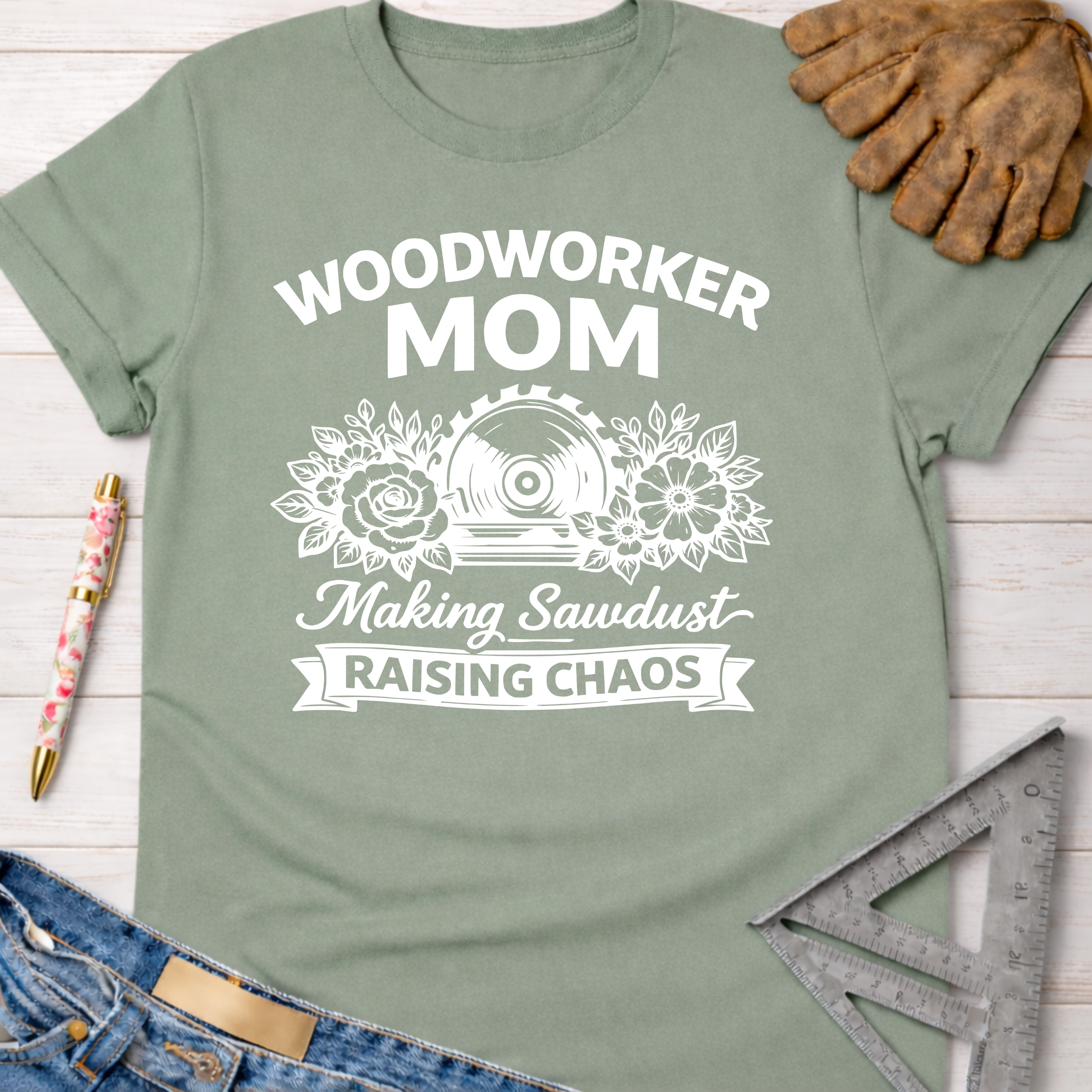 Women's funny woodworking graphic tee shirt for female woodworkers, makers, and DIY builders — Sawdust & Ponytails.