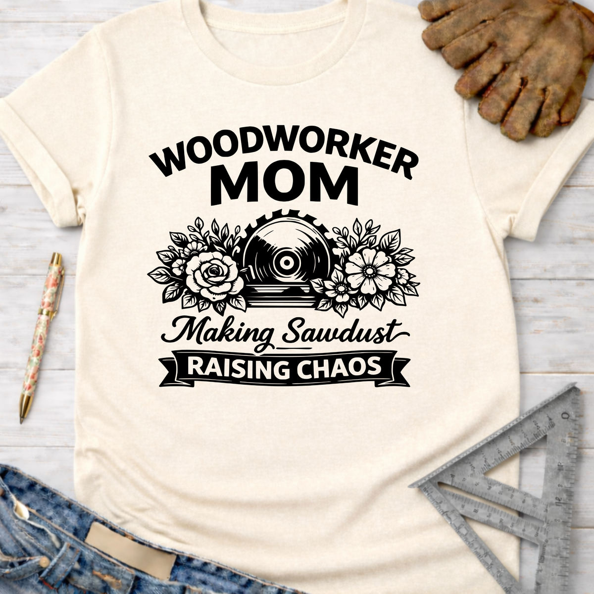 Women's funny woodworking graphic tee shirt for female woodworkers, makers, and DIY builders — Sawdust & Ponytails. Cream t-shirt with "Woodworker Mom Making Sawdust Raising Chaos" graphic.