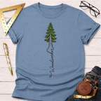 Women's funny woodworking graphic tee shirt for female woodworkers, makers, and DIY builders — Sawdust & Ponytails. Blue crewneck t-shirt with a green redwood tree graphic and "Woodworker" text.