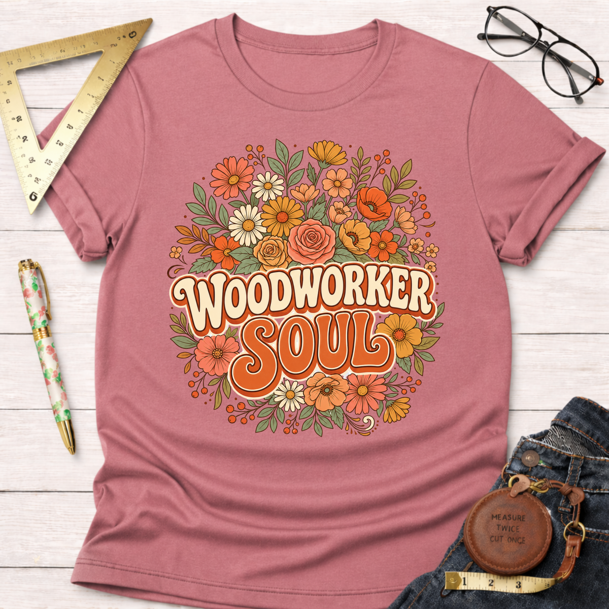 Women's funny woodworking graphic tee shirt for female woodworkers, makers, and DIY builders — Sawdust & Ponytails. Heather mauve t-shirt with "Woodworker Soul" in retro font surrounded by colorful flowers.