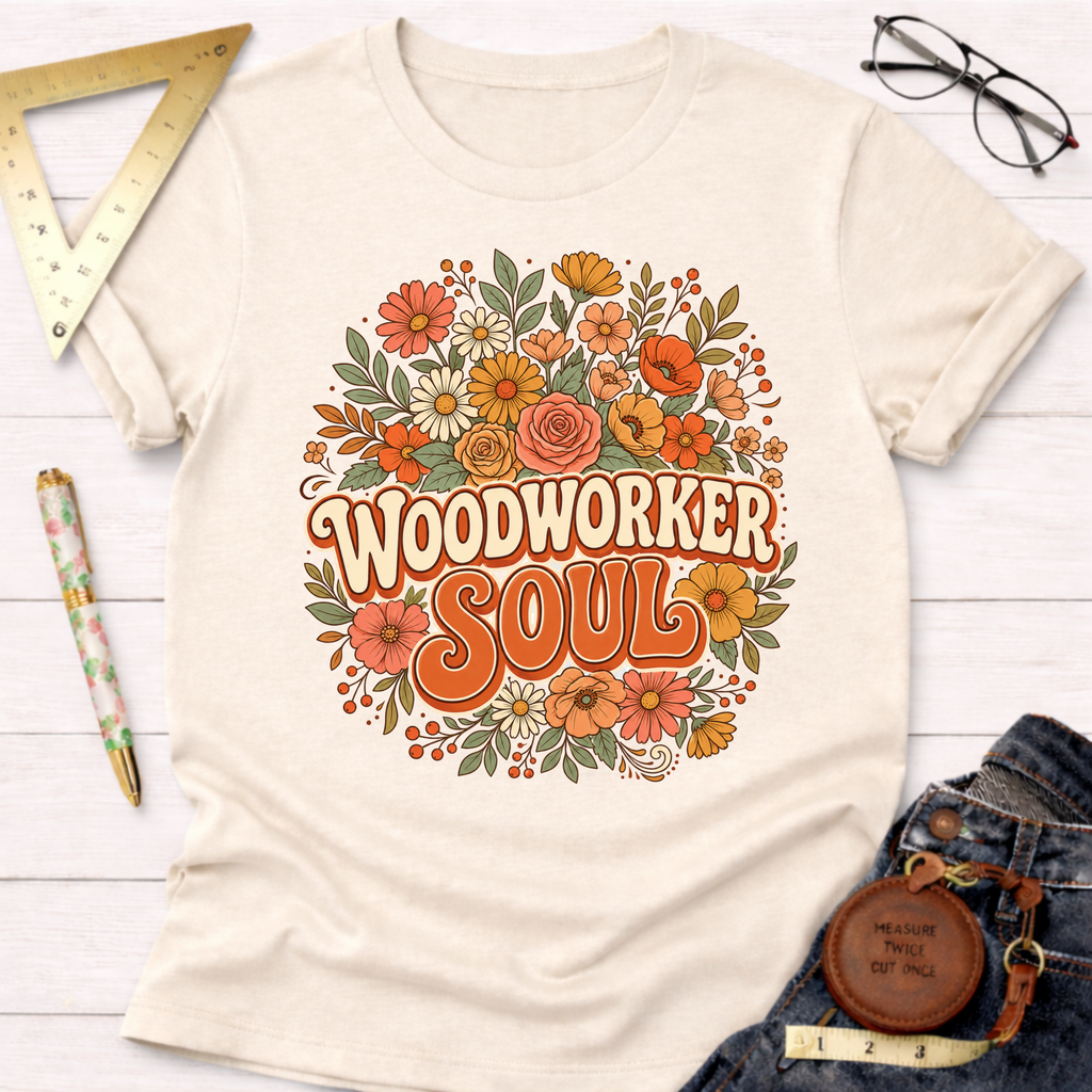 Women's funny woodworking graphic tee shirt for female woodworkers, makers, and DIY builders — Sawdust & Ponytails. Cream t-shirt with "Woodworker Soul" in retro floral design.