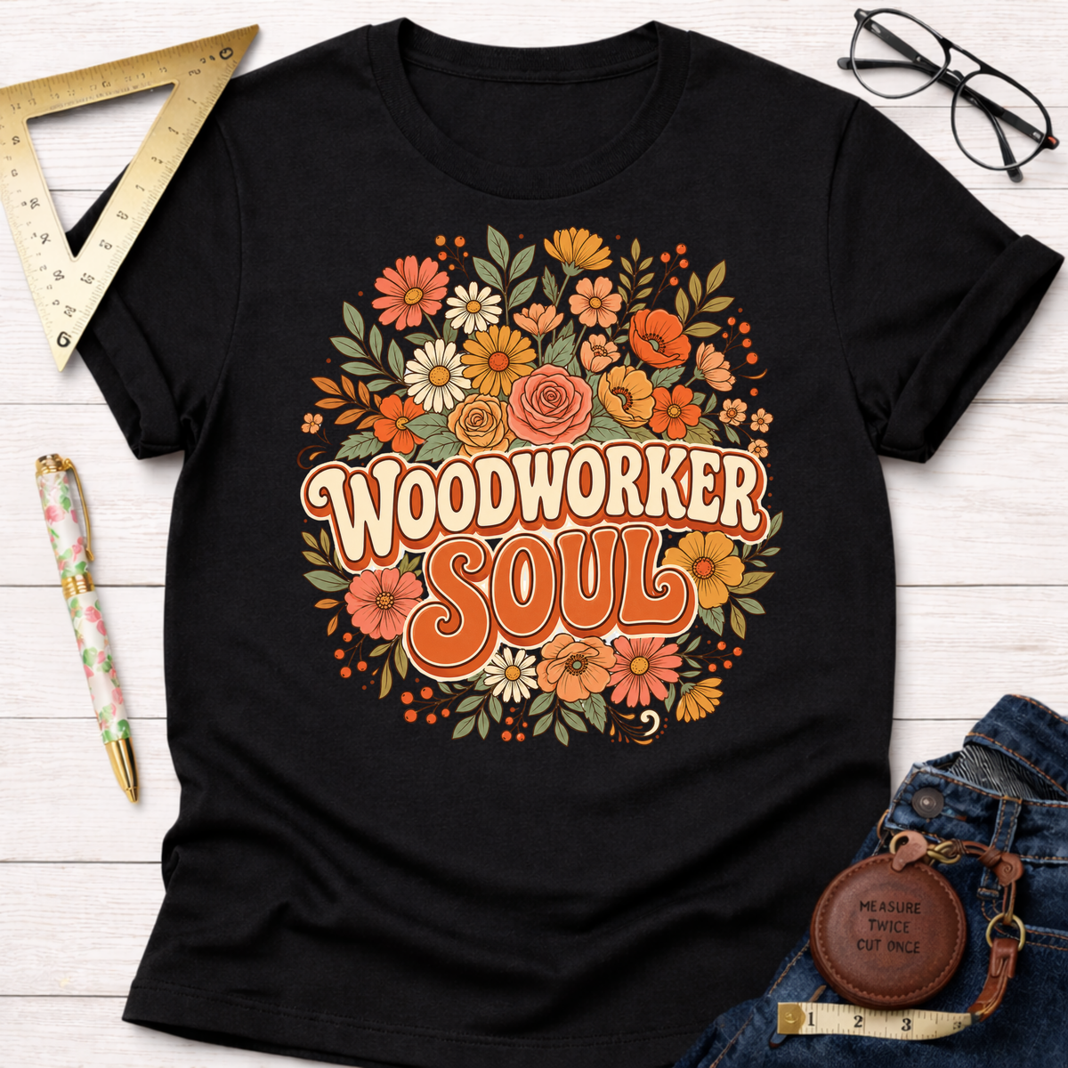 Black cotton "Woodworker Soul" t-shirt with a retro floral graphic. Women's funny woodworking graphic tee shirt for female woodworkers, makers, and DIY builders — Sawdust & Ponytails