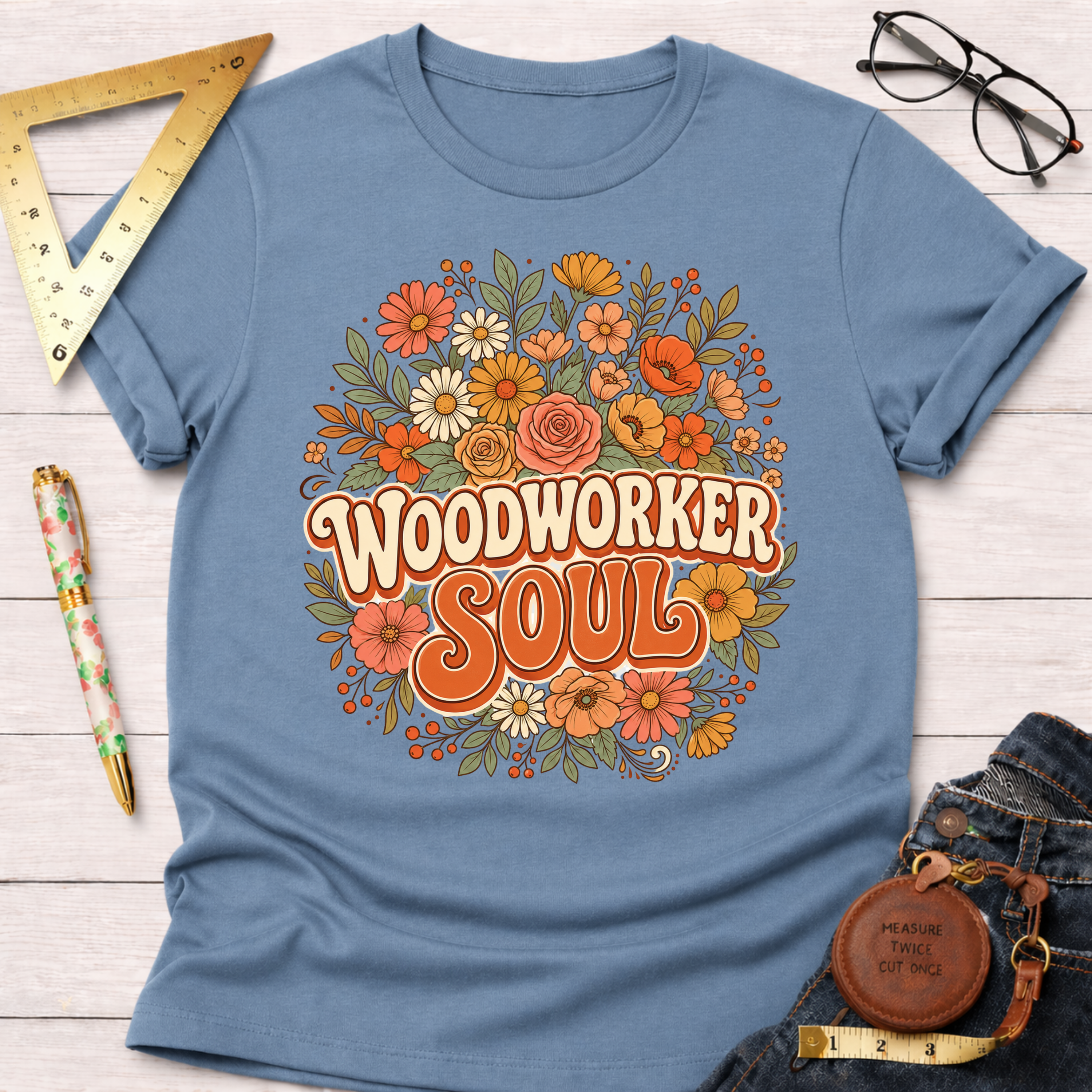 Women's funny woodworking graphic tee shirt for female woodworkers, makers, and DIY builders — Sawdust & Ponytails. Blue cotton tee with "Woodworker Soul" in retro floral design.