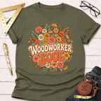 Olive green women's Woodworker Soul graphic tee with floral design. Women's funny woodworking graphic tee shirt for female woodworkers, makers, and DIY builders — Sawdust & Ponytails