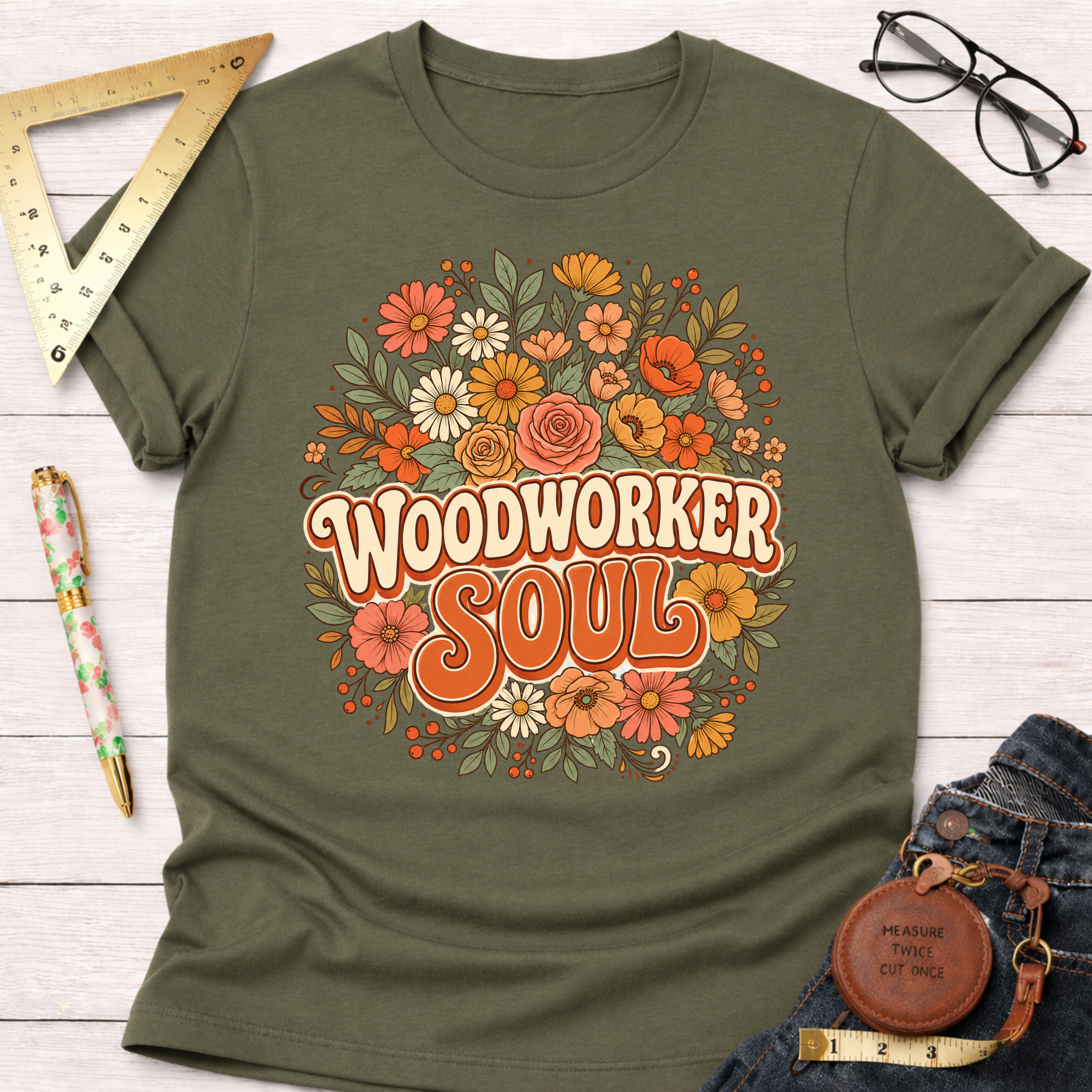 Olive green women's Woodworker Soul graphic tee with floral design. Women's funny woodworking graphic tee shirt for female woodworkers, makers, and DIY builders — Sawdust & Ponytails