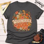 Charcoal gray women's "Woodworker Soul" graphic tee with colorful floral design. Women's funny woodworking graphic tee shirt for female woodworkers, makers, and DIY builders — Sawdust & Ponytails