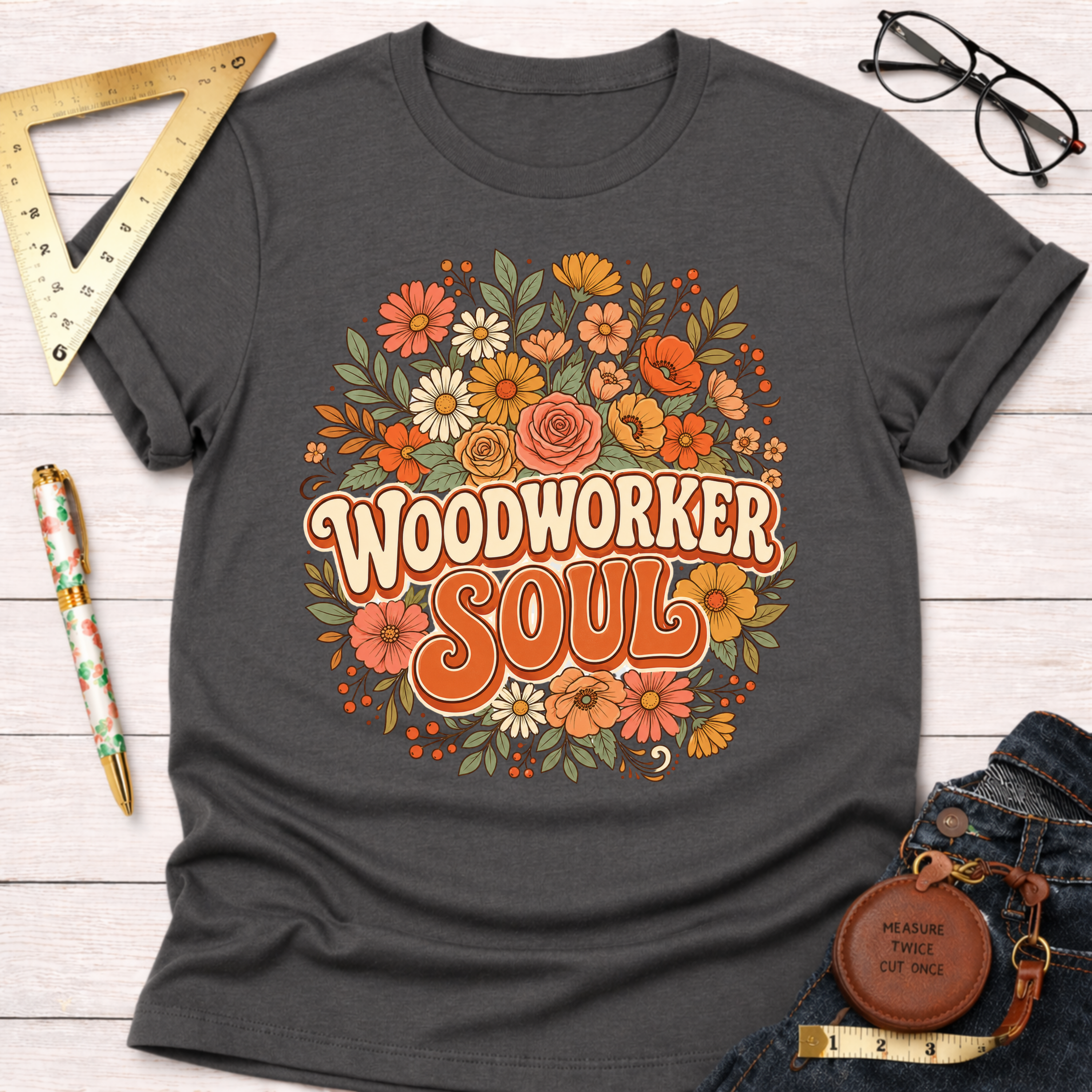 Charcoal gray women's "Woodworker Soul" graphic tee with colorful floral design. Women's funny woodworking graphic tee shirt for female woodworkers, makers, and DIY builders — Sawdust & Ponytails