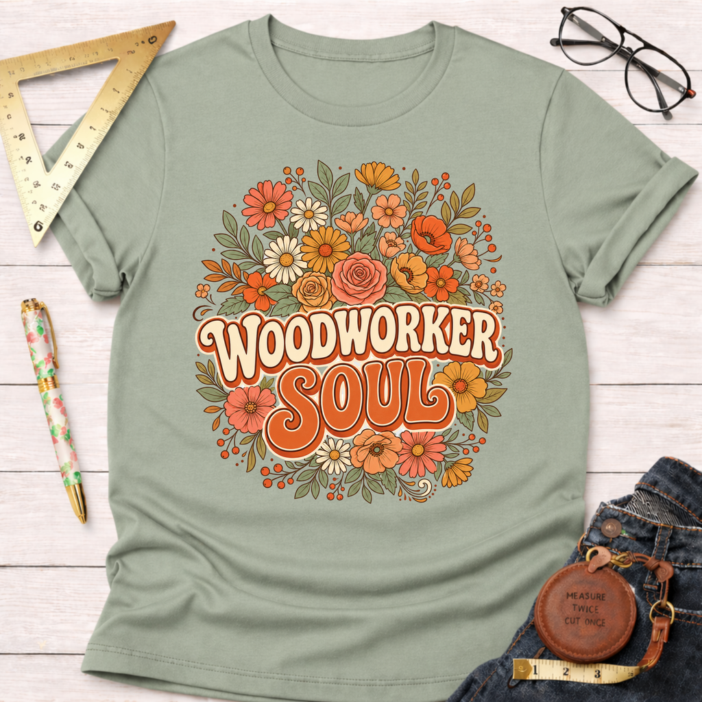 Women's funny woodworking graphic tee shirt for female woodworkers, makers, and DIY builders — Sawdust & Ponytails. Sage green t-shirt with "Woodworker Soul" in retro font surrounded by colorful flowers.