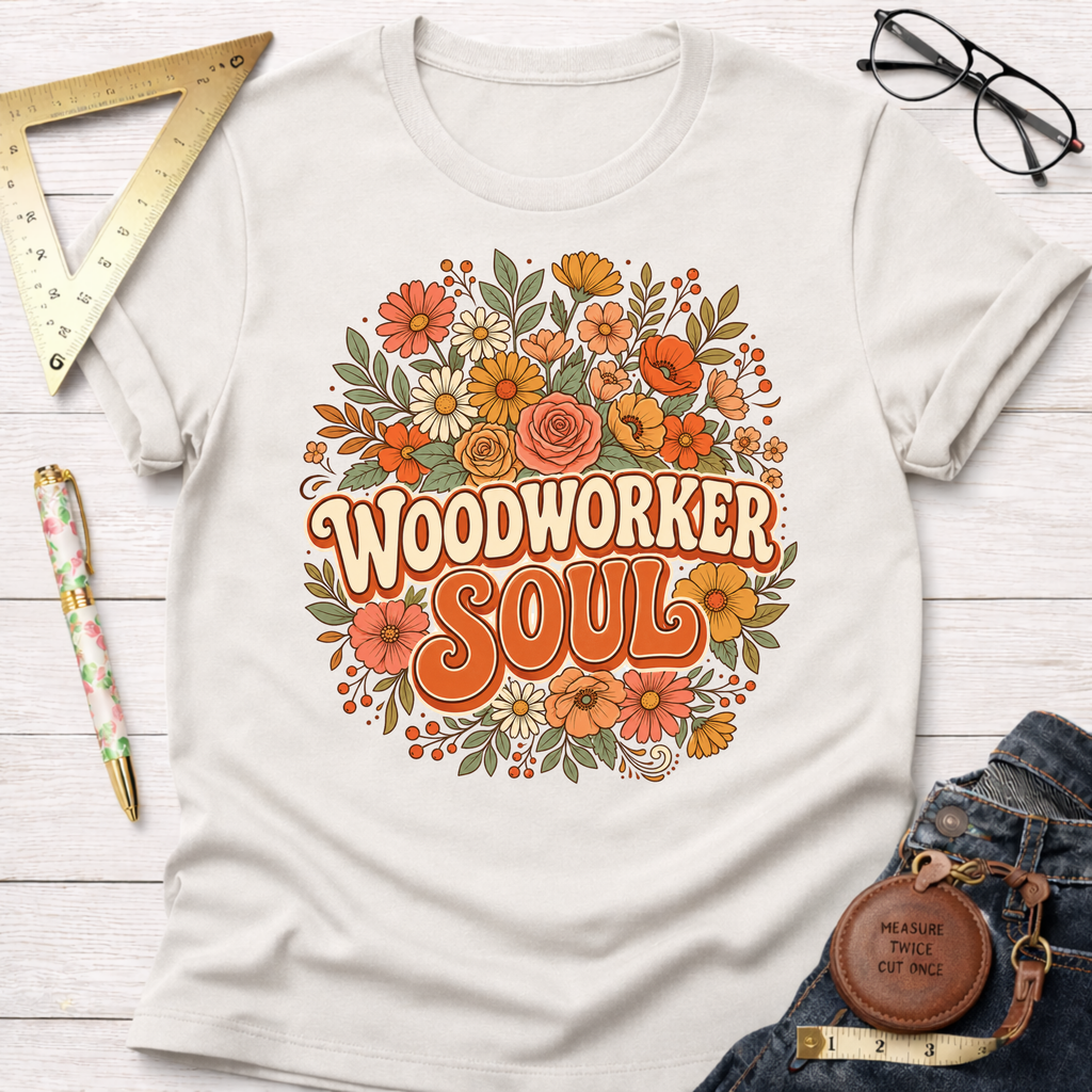 Women's funny woodworking graphic tee shirt for female woodworkers, makers, and DIY builders — Sawdust & Ponytails. Cream t-shirt with "Woodworker Soul" in retro orange text, surrounded by colorful floral design.