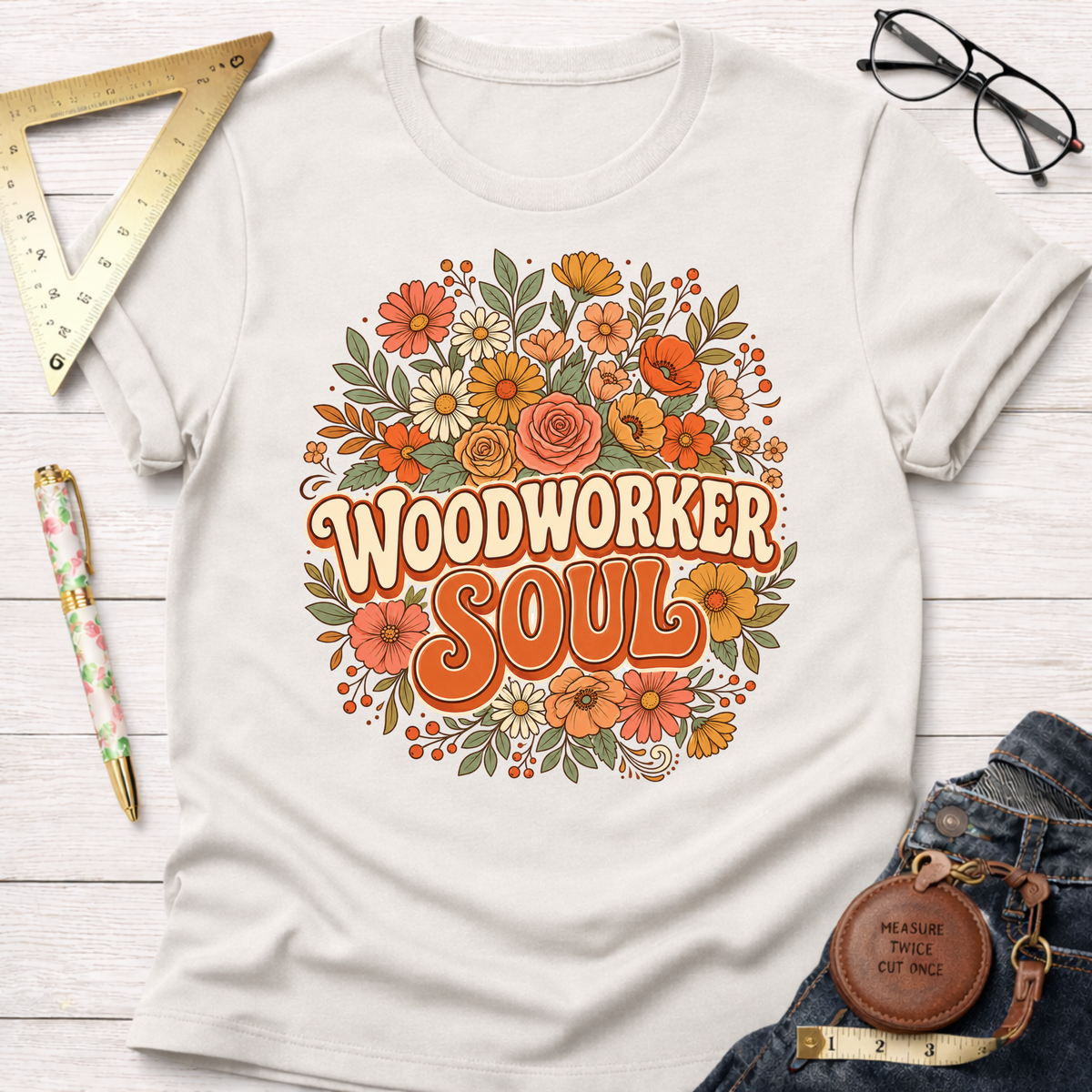 Women's funny woodworking graphic tee shirt for female woodworkers, makers, and DIY builders — Sawdust & Ponytails. Cream t-shirt with "Woodworker Soul" in retro orange text, surrounded by colorful floral design.