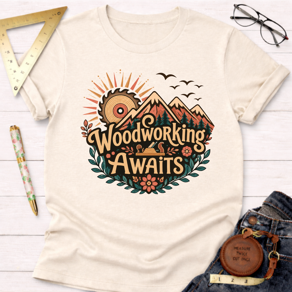Cream cotton t-shirt with "Woodworking Awaits" graphic featuring mountains, a saw sun, and a hand plane.
