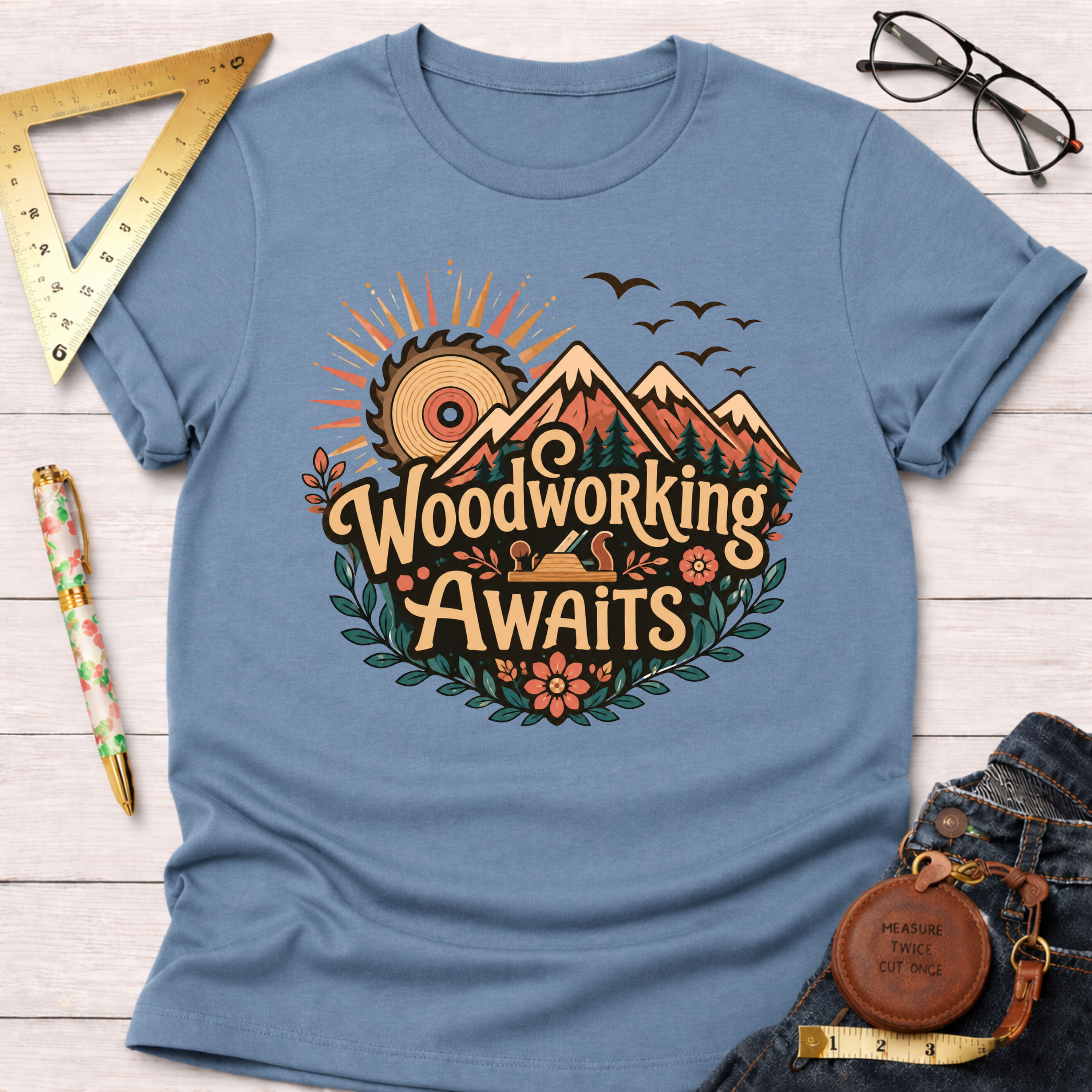 Blue cotton t-shirt with "Woodworking Awaits" graphic featuring mountains, saw-sun, and hand plane.