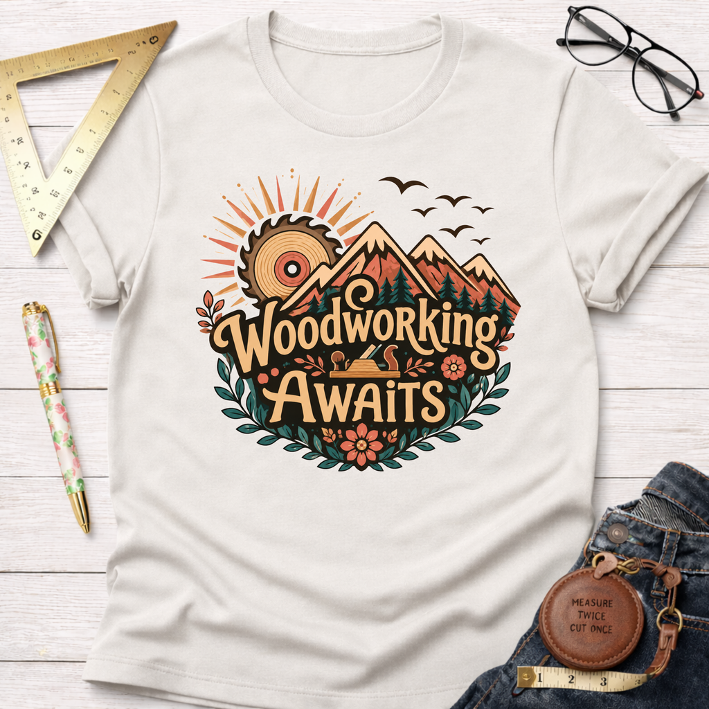 Off-white cotton "Woodworking Awaits" t-shirt with a colorful graphic of mountains, a saw, and a hand plane.