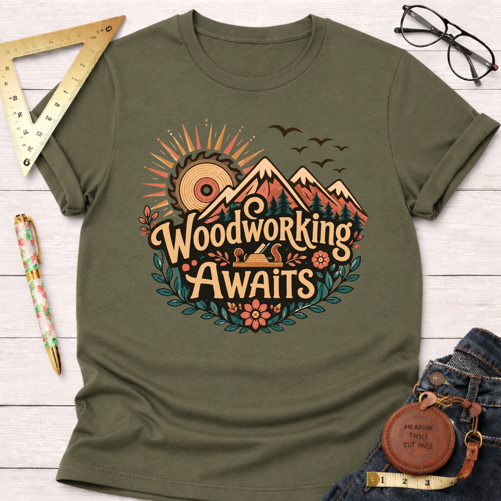Olive green cotton t-shirt with "Woodworking Awaits" graphic featuring mountains, a saw sun, and flowers.