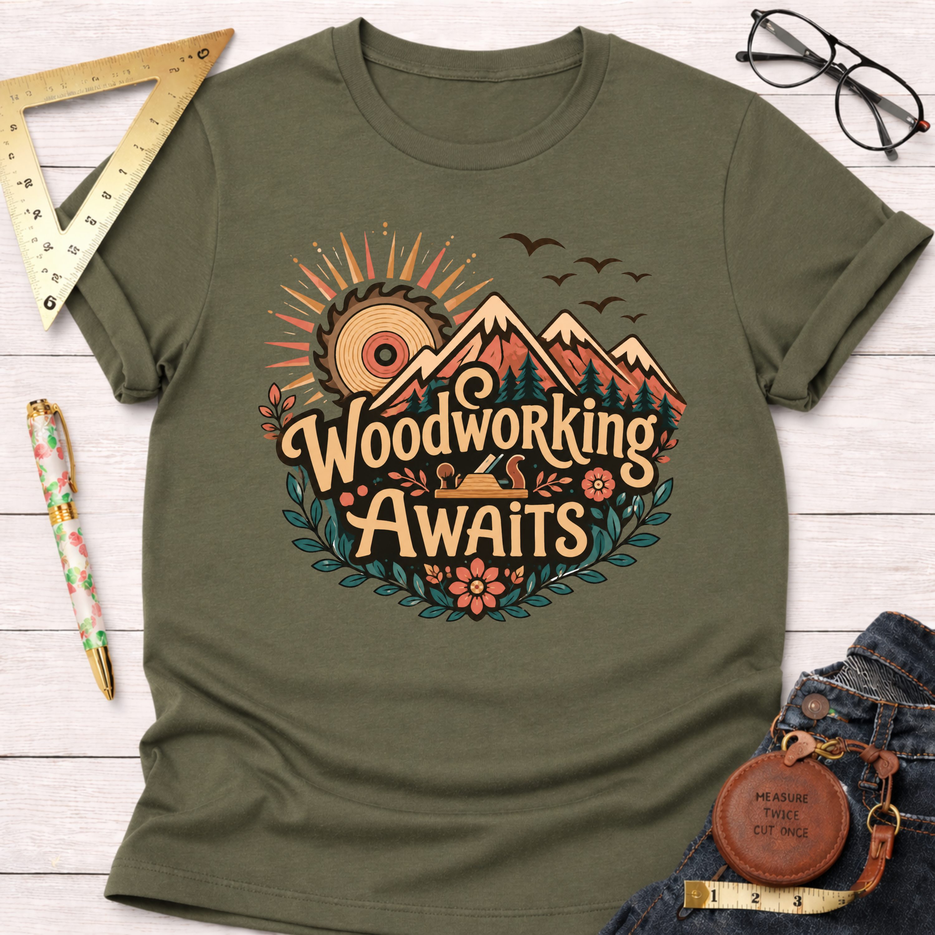 Olive green cotton t-shirt with "Woodworking Awaits" graphic featuring mountains, a saw sun, and flowers.