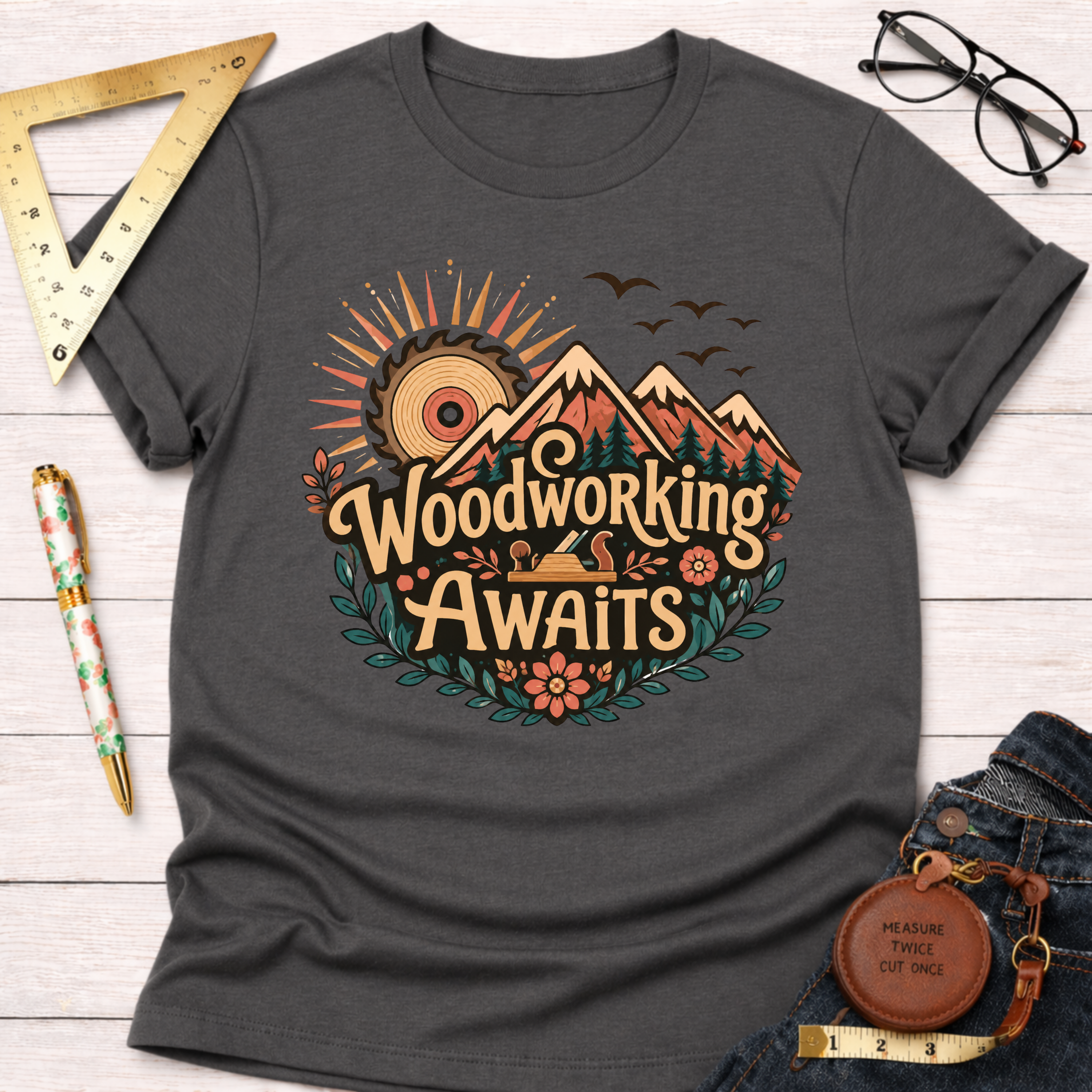 Dark gray cotton t-shirt with a colorful "Woodworking Awaits" graphic featuring mountains, a saw sun, and flowers.