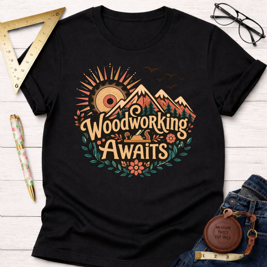 Black cotton "Woodworking Awaits" t-shirt with a colorful graphic of mountains, a sun, and a hand plane.