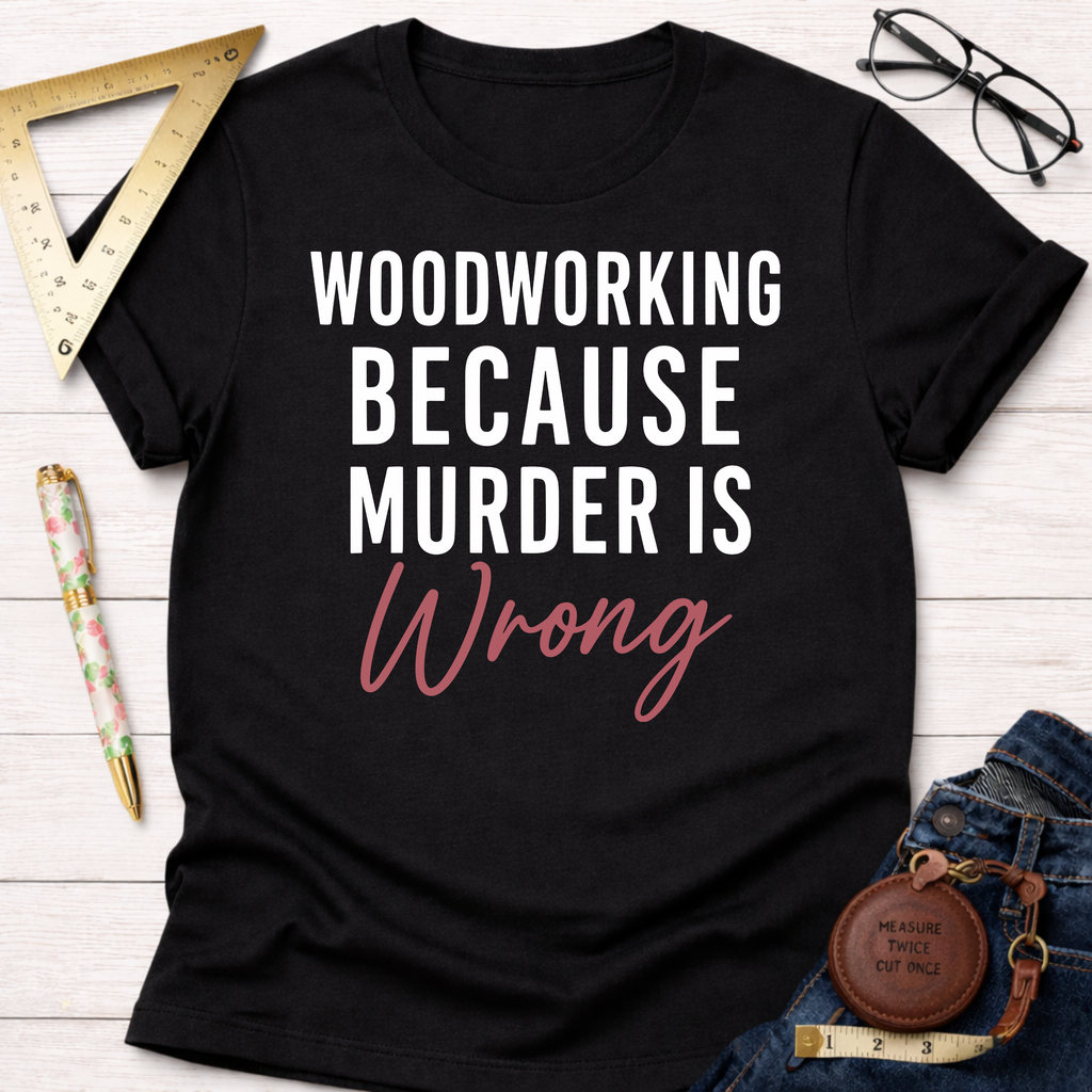 Black t-shirt with "WOODWORKING BECAUSE MURDER IS Wrong" text in white and pink, surrounded by woodworking tools.