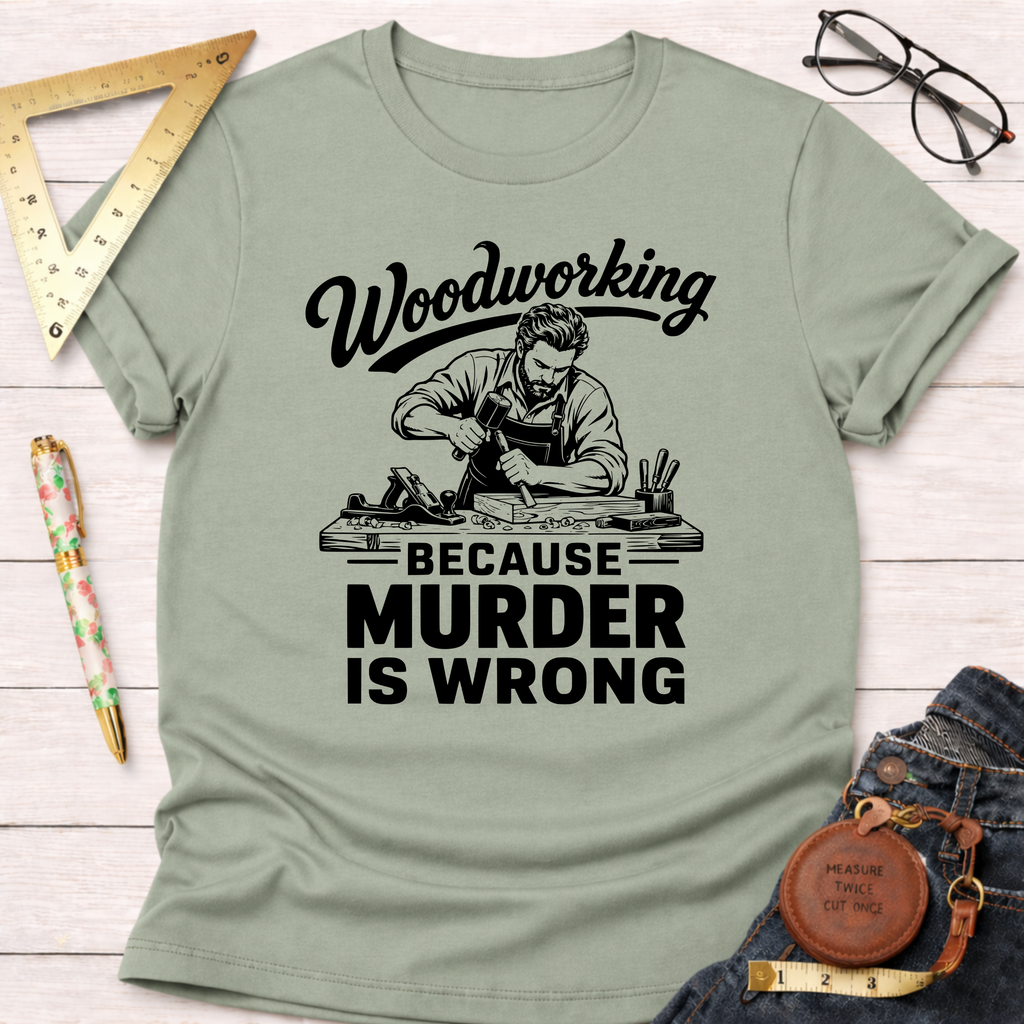 Sage green t-shirt with "Woodworking Because Murder Is Wrong" graphic featuring a carpenter.