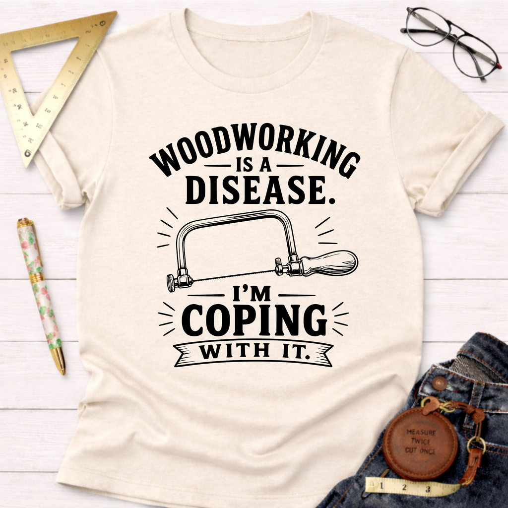 Women's funny woodworking graphic tee shirt for female woodworkers, makers, and DIY builders — Sawdust & Ponytails. Cream cotton tee with "Woodworking Is A Disease. I'm Coping With It." text and a coping saw graphic.