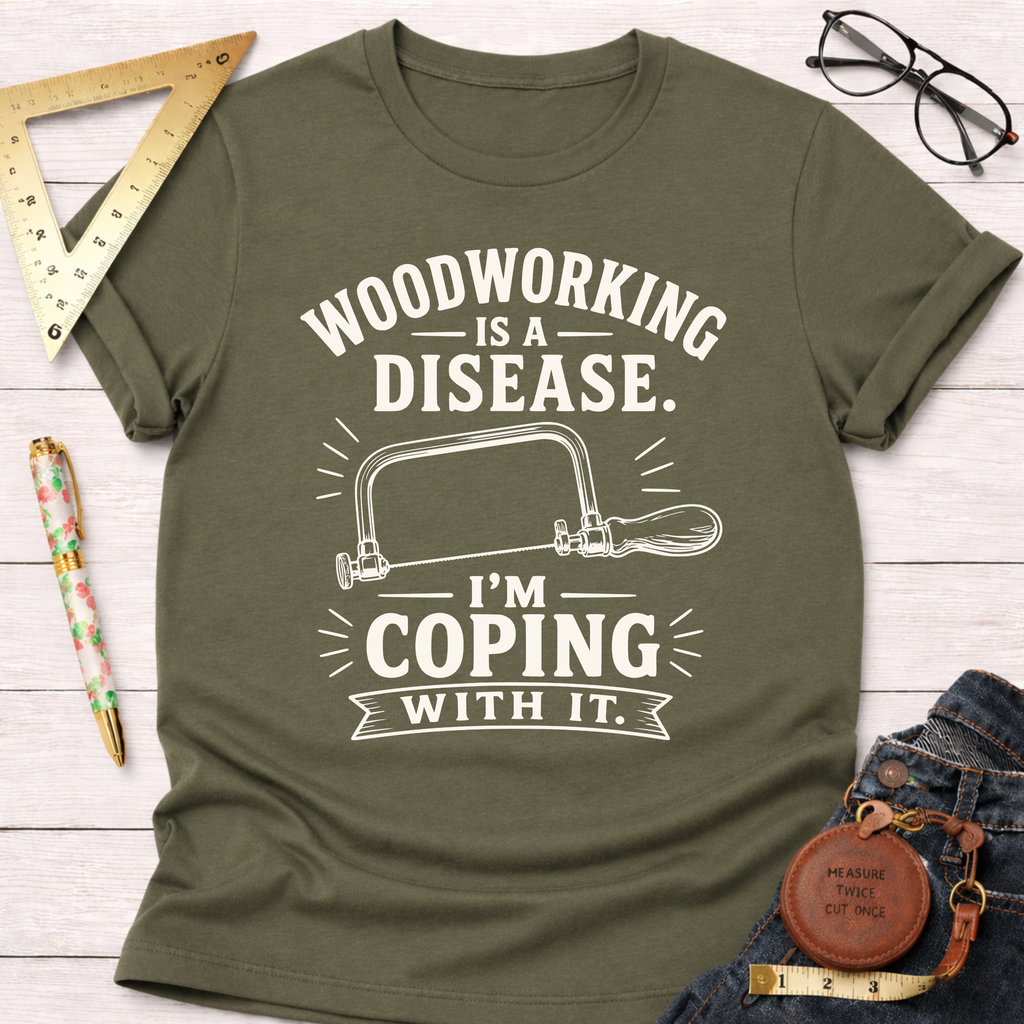 Women's funny woodworking graphic tee shirt for female woodworkers, makers, and DIY builders — Sawdust & Ponytails. Olive green cotton tee with "Woodworking Is A Disease. I'm Coping With It." text and hand saw graphic.