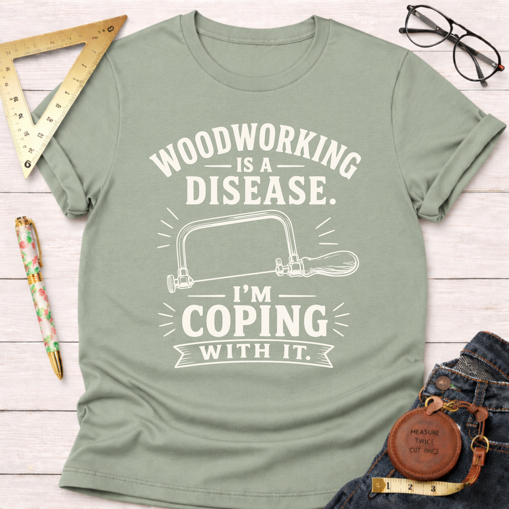 Women's funny woodworking graphic tee shirt for female woodworkers, makers, and DIY builders — Sawdust & Ponytails. Sage green cotton tee with "Woodworking Is A Disease. I'm Coping With It." and a handsaw graphic.