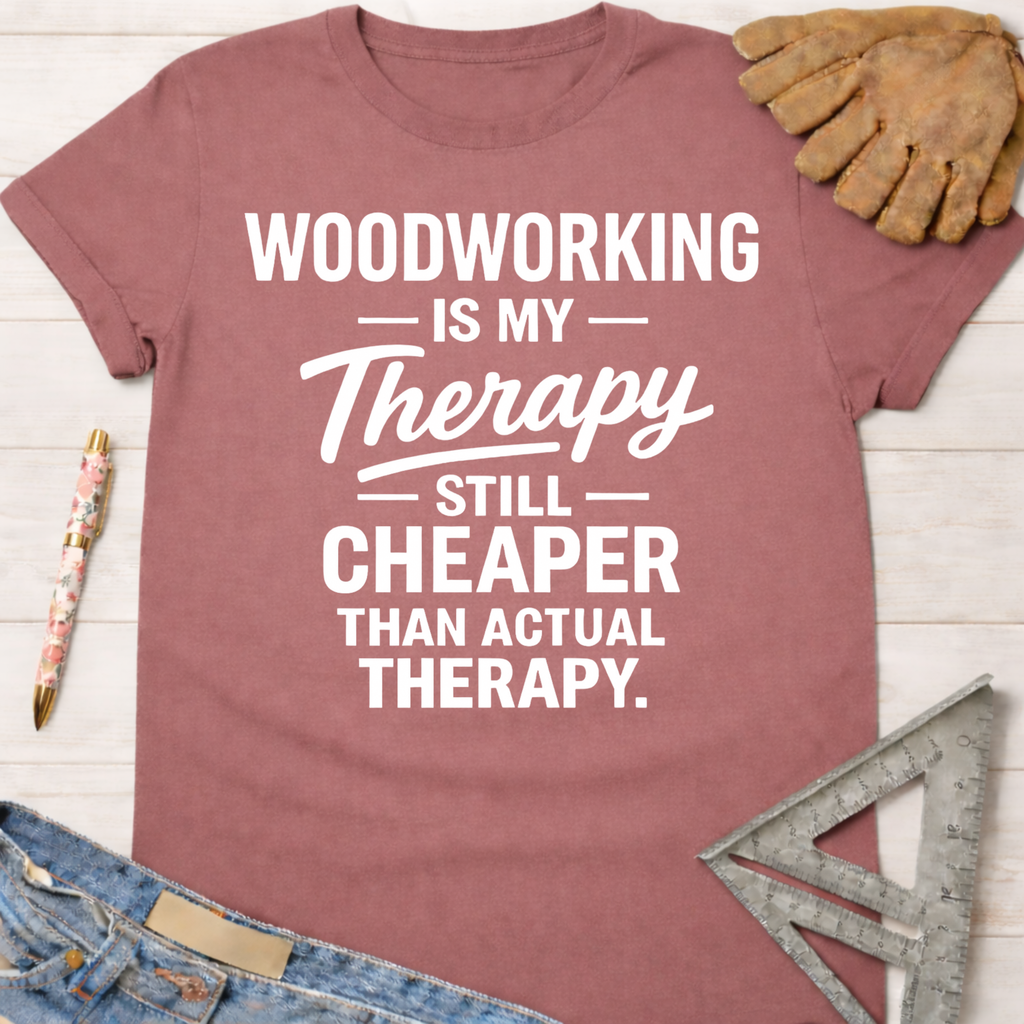 Women's funny woodworking graphic tee shirt for female woodworkers, makers, and DIY builders — Sawdust & Ponytails. Mauve cotton tee with "Woodworking Is My Therapy Still Cheaper Than Actual Therapy" in white text.