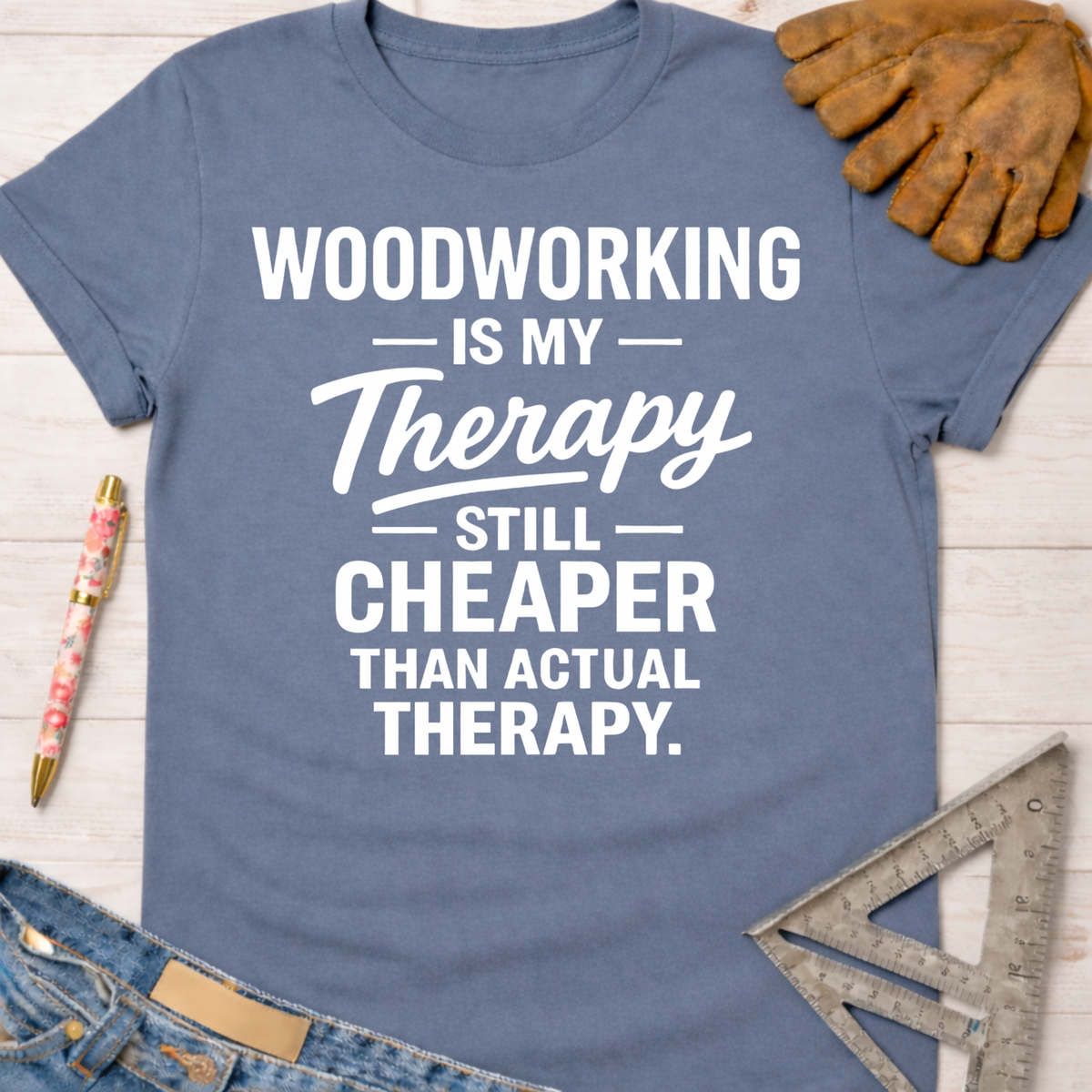 Women's funny woodworking graphic tee shirt for female woodworkers, makers, and DIY builders — Sawdust & Ponytails. Blue short-sleeve cotton tee with "Woodworking Is My Therapy Still Cheaper Than Actual Therapy" in white text.