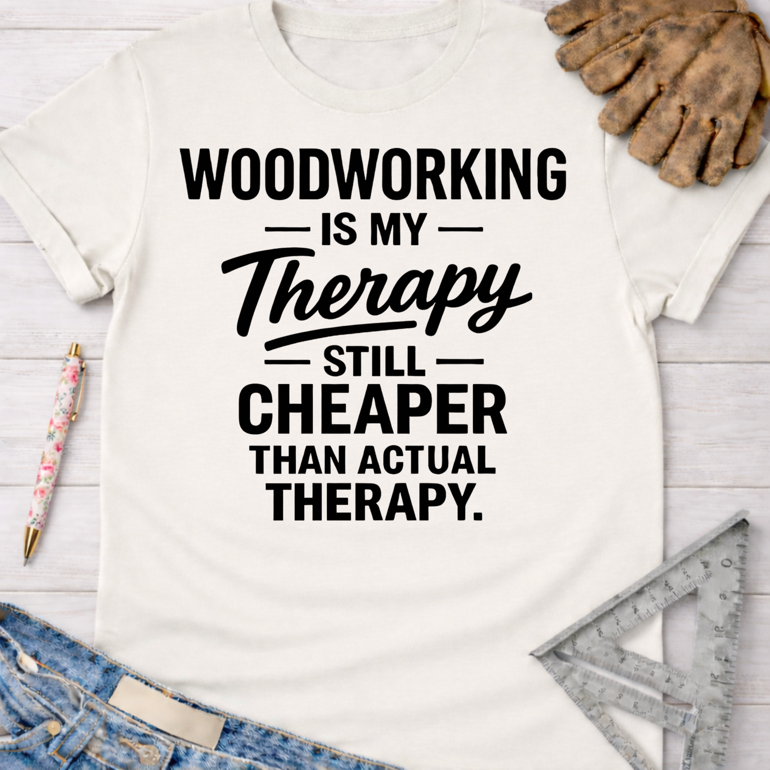 Women's funny woodworking graphic tee shirt for female woodworkers, makers, and DIY builders — Sawdust & Ponytails. White cotton tee with "Woodworking Is My Therapy Still Cheaper Than Actual Therapy" text.