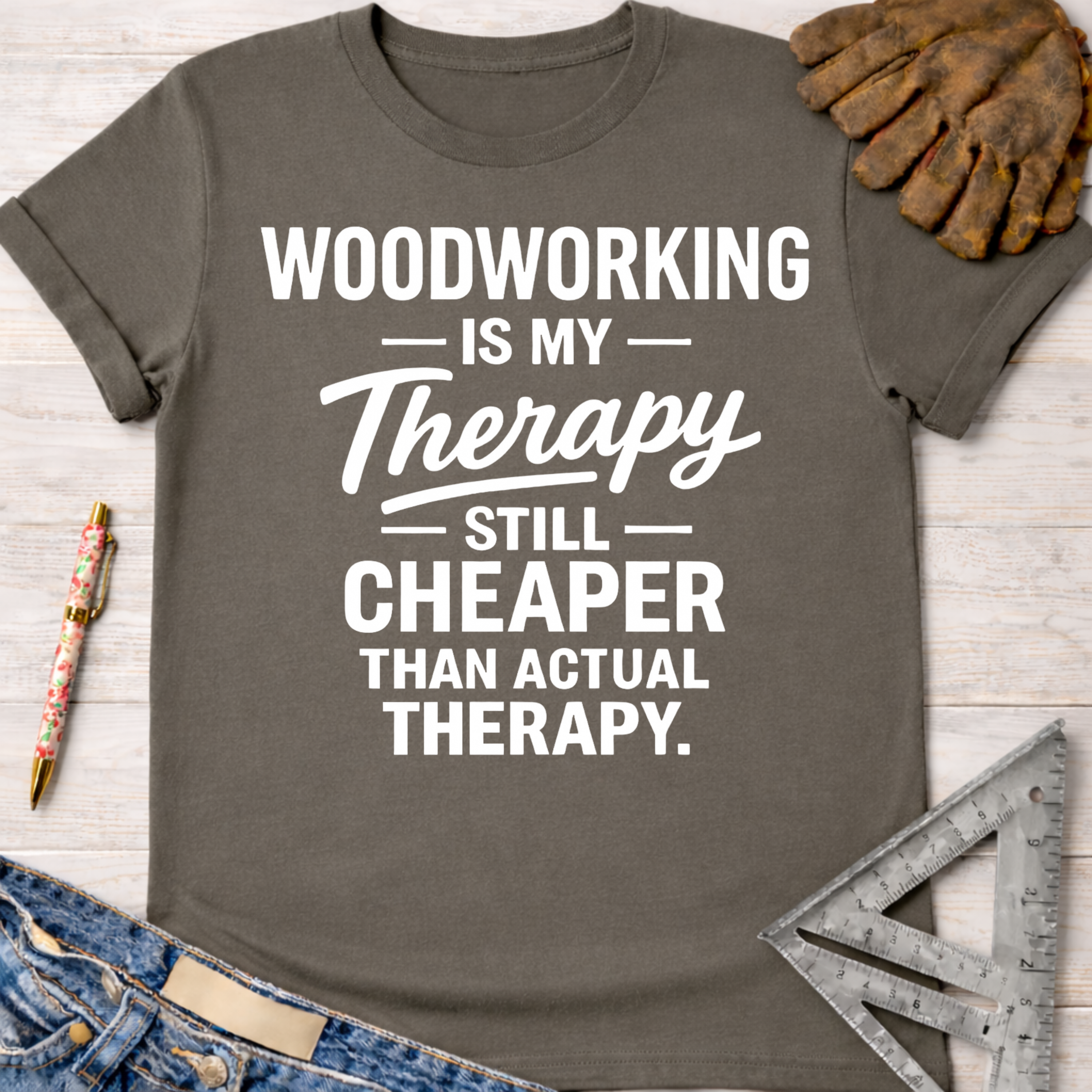 Women's funny woodworking graphic tee shirt for female woodworkers, makers, and DIY builders — Sawdust & Ponytails. Dark gray cotton tee with "Woodworking Is My Therapy Still Cheaper Than Actual Therapy" in white text.