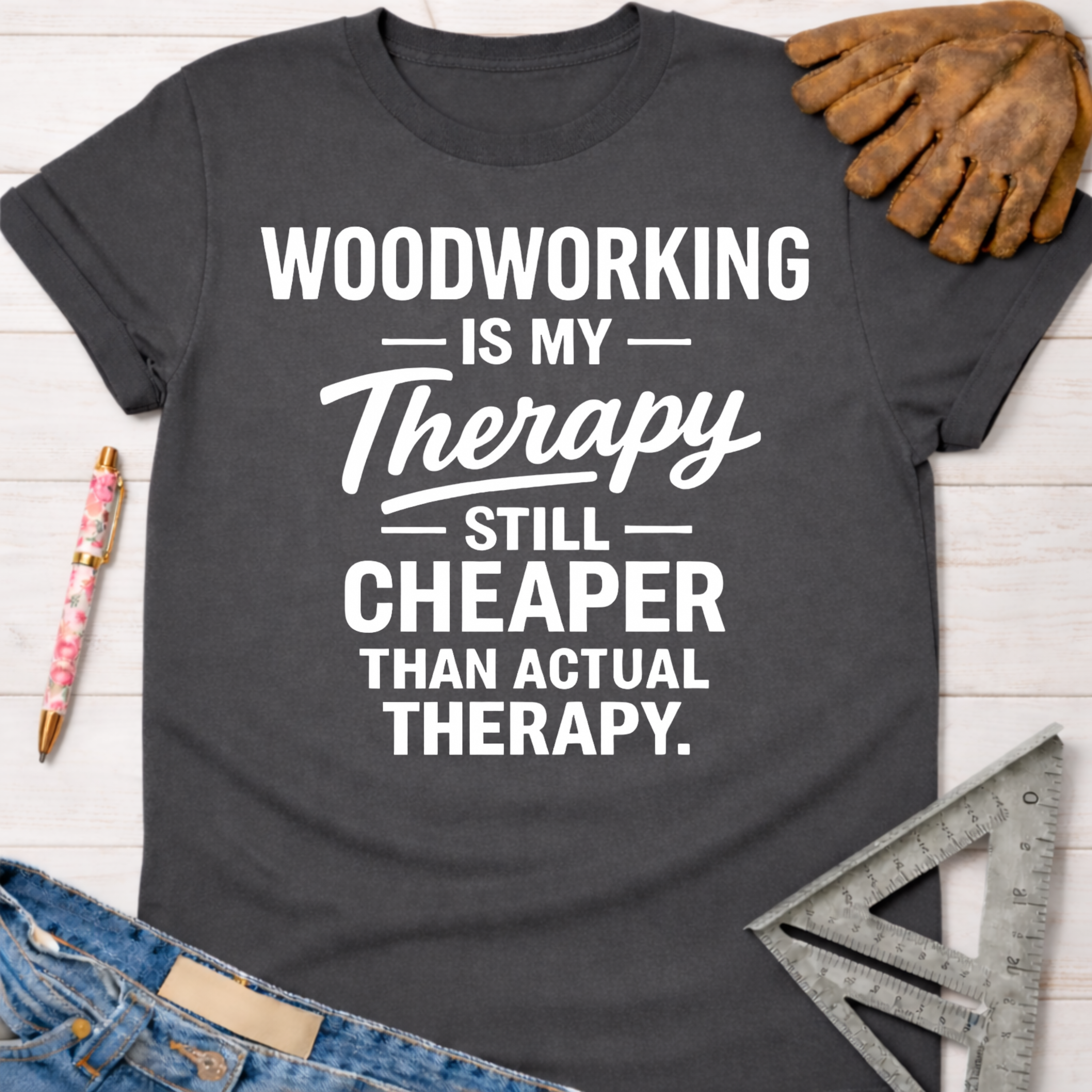 Women's funny woodworking graphic tee shirt for female woodworkers, makers, and DIY builders — Sawdust & Ponytails. Dark gray cotton tee with white "Woodworking Is My Therapy Still Cheaper Than Actual Therapy" text.