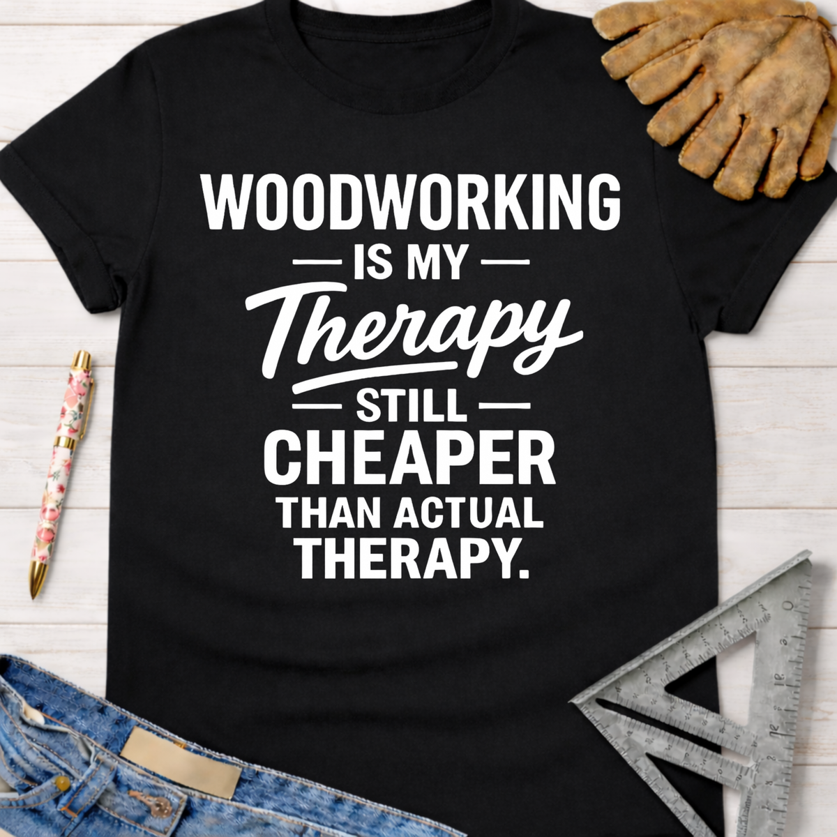 Black cotton Women's funny woodworking graphic tee shirt with "Woodworking Is My Therapy Still Cheaper Than Actual Therapy" text for female woodworkers, makers, and DIY builders — Sawdust & Ponytails