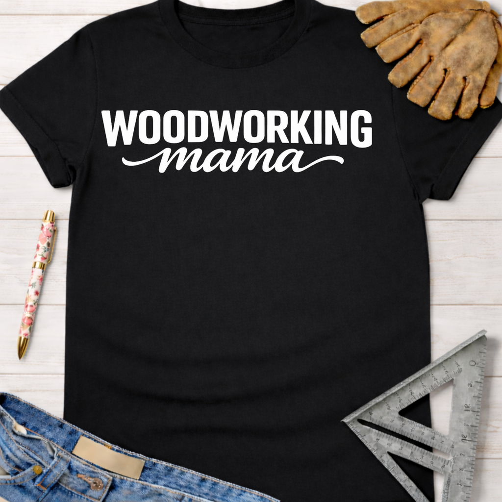 Black cotton "Woodworking Mama" graphic tee with white text, work glove, pen, and ruler. Women's funny woodworking graphic tee shirt for female woodworkers, makers, and DIY builders — Sawdust & Ponytails