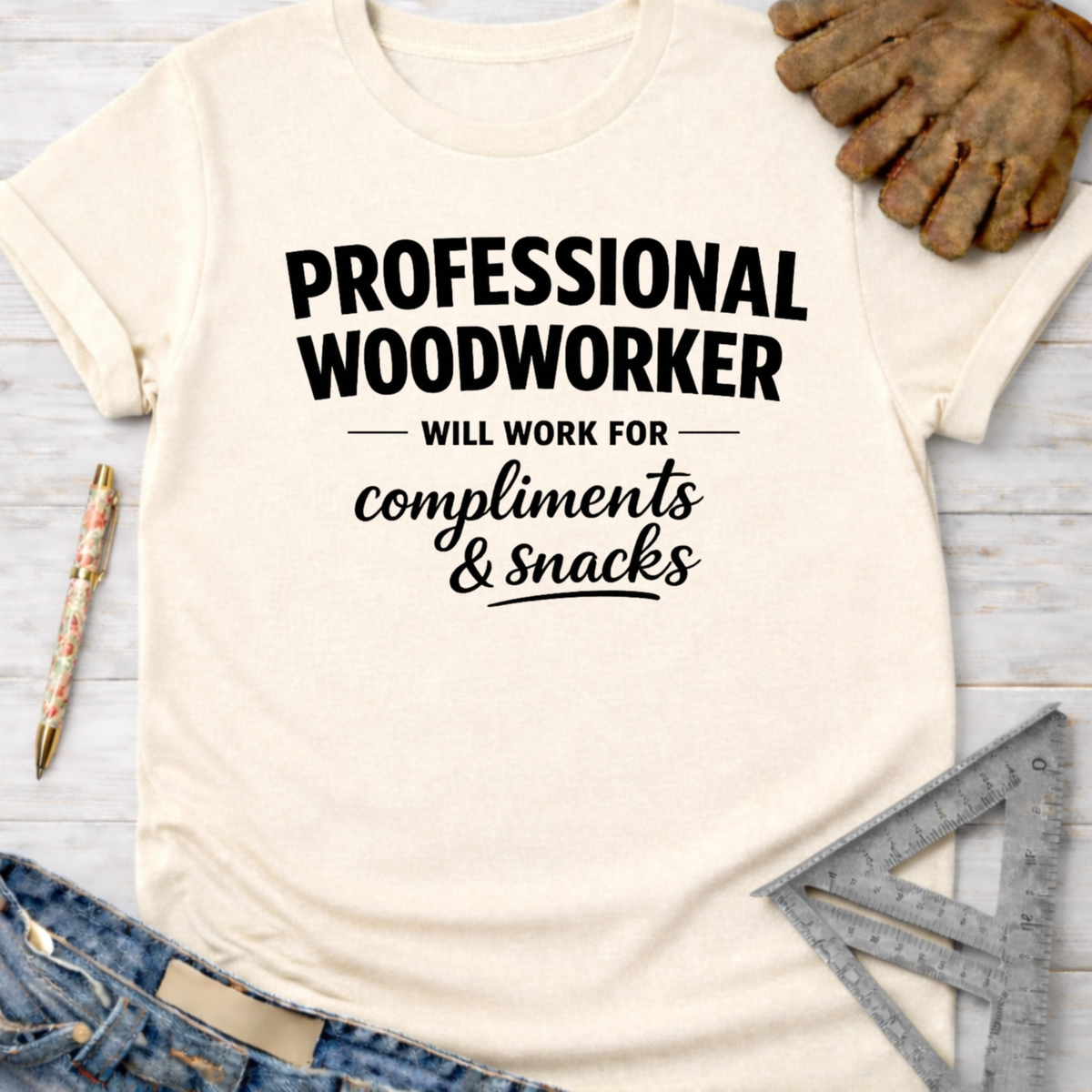 Women's funny woodworking graphic tee shirt for female woodworkers, makers, and DIY builders — Sawdust & Ponytails. Cream t-shirt with "Professional Woodworker Will Work For Compliments & Snacks" text.