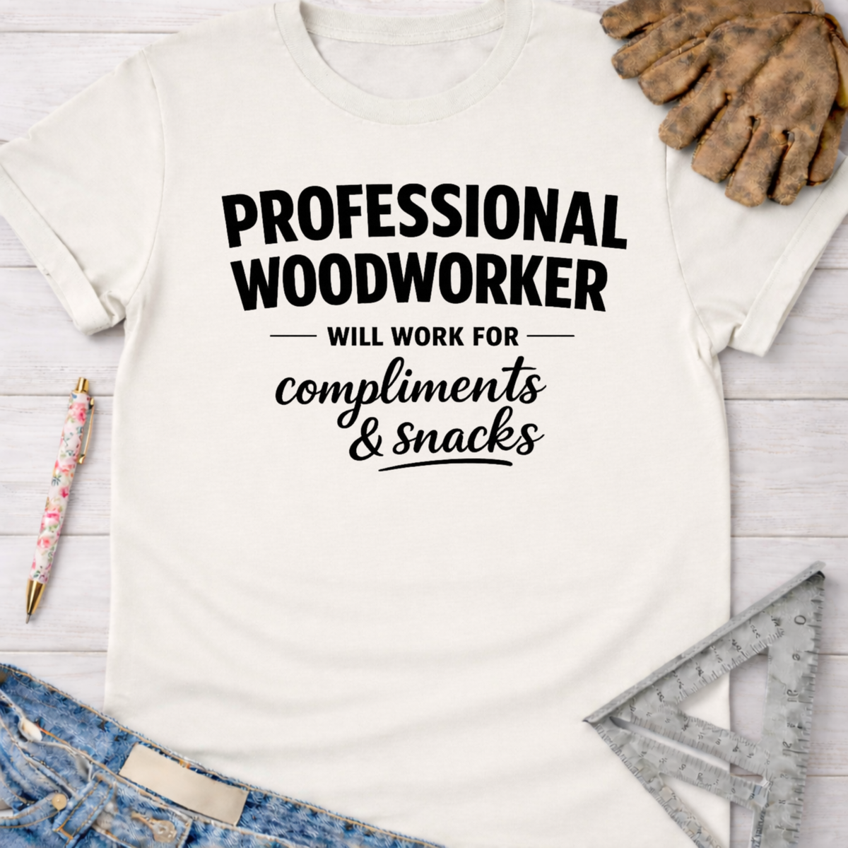 Women's funny woodworking graphic tee shirt for female woodworkers, makers, and DIY builders — Sawdust & Ponytails. White cotton tee with "Professional Woodworker Will Work For Compliments & Snacks" in black text.