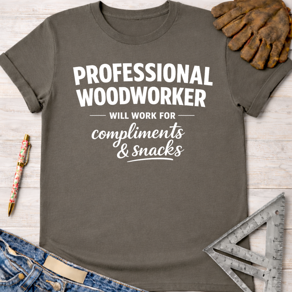 Women's funny woodworking graphic tee shirt for female woodworkers, makers, and DIY builders — Sawdust & Ponytails. Dark gray t-shirt with "Professional Woodworker Will Work For Compliments & Snacks" in white text.